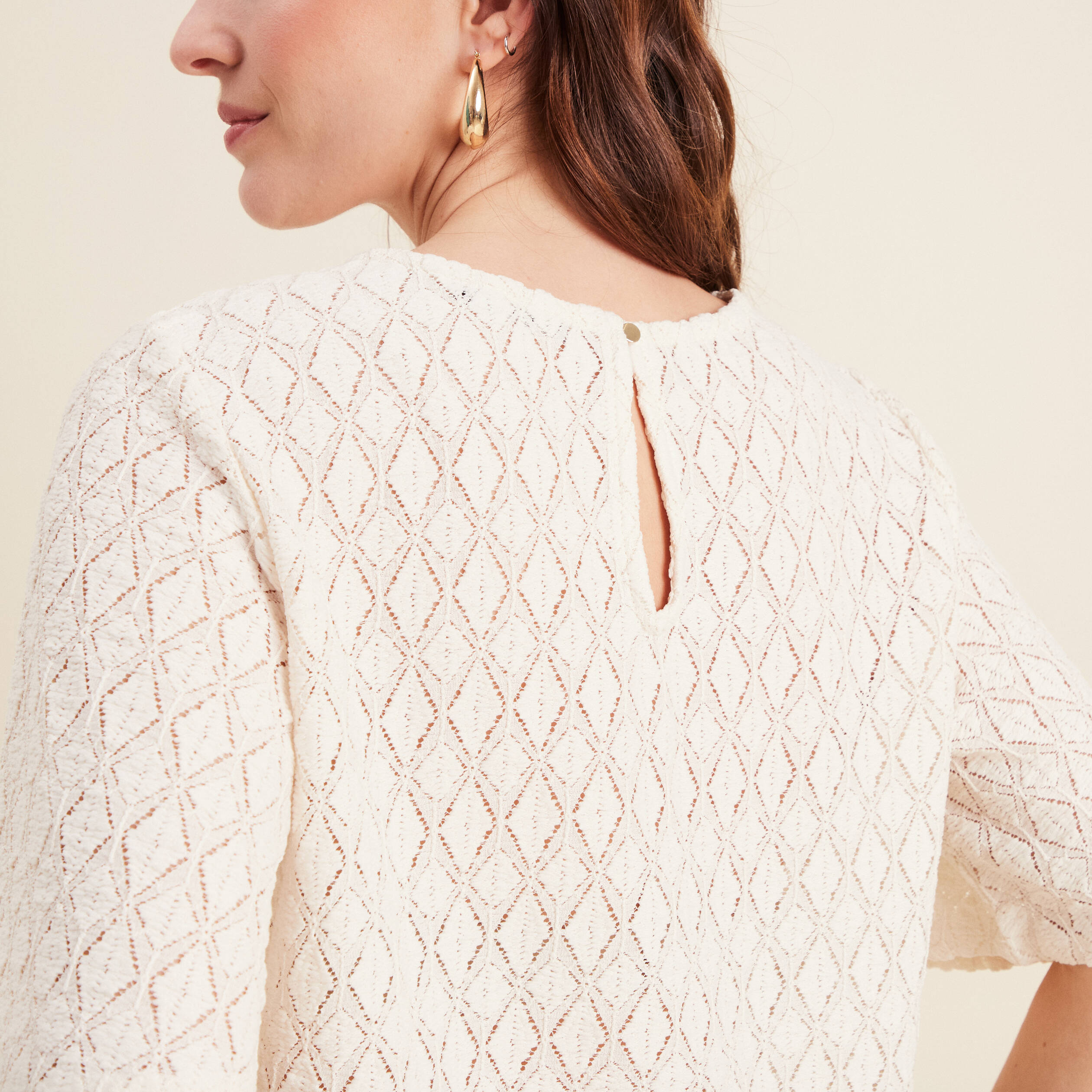 blouse manches courtes ajouree ecru femme Blouse manches courtes ajourée ecru femme