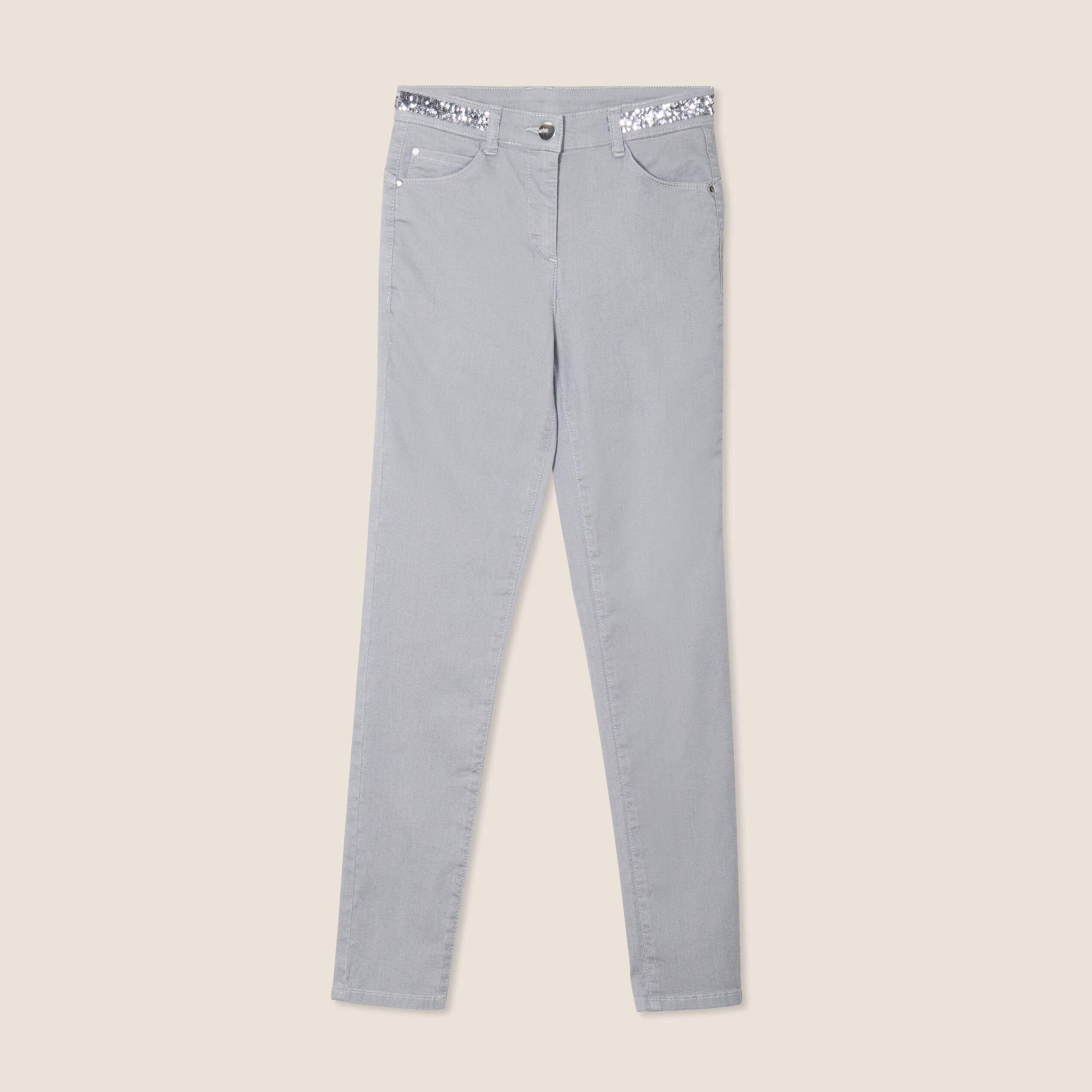 pantalon ajuste sequins denim gris clair femme Pantalon ajusté sequins denim gris clair femme