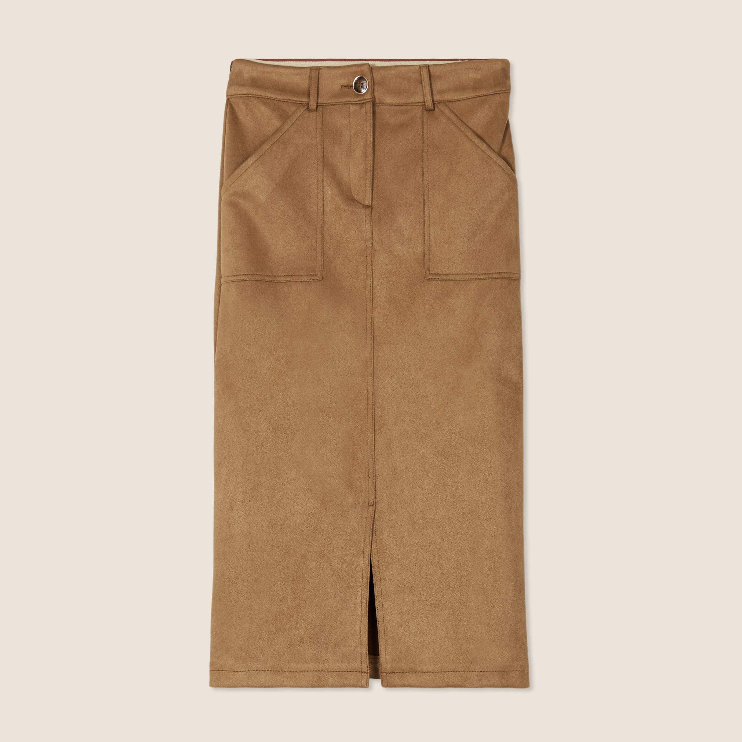 Jupe longue droite su&eacute;dine marron femme