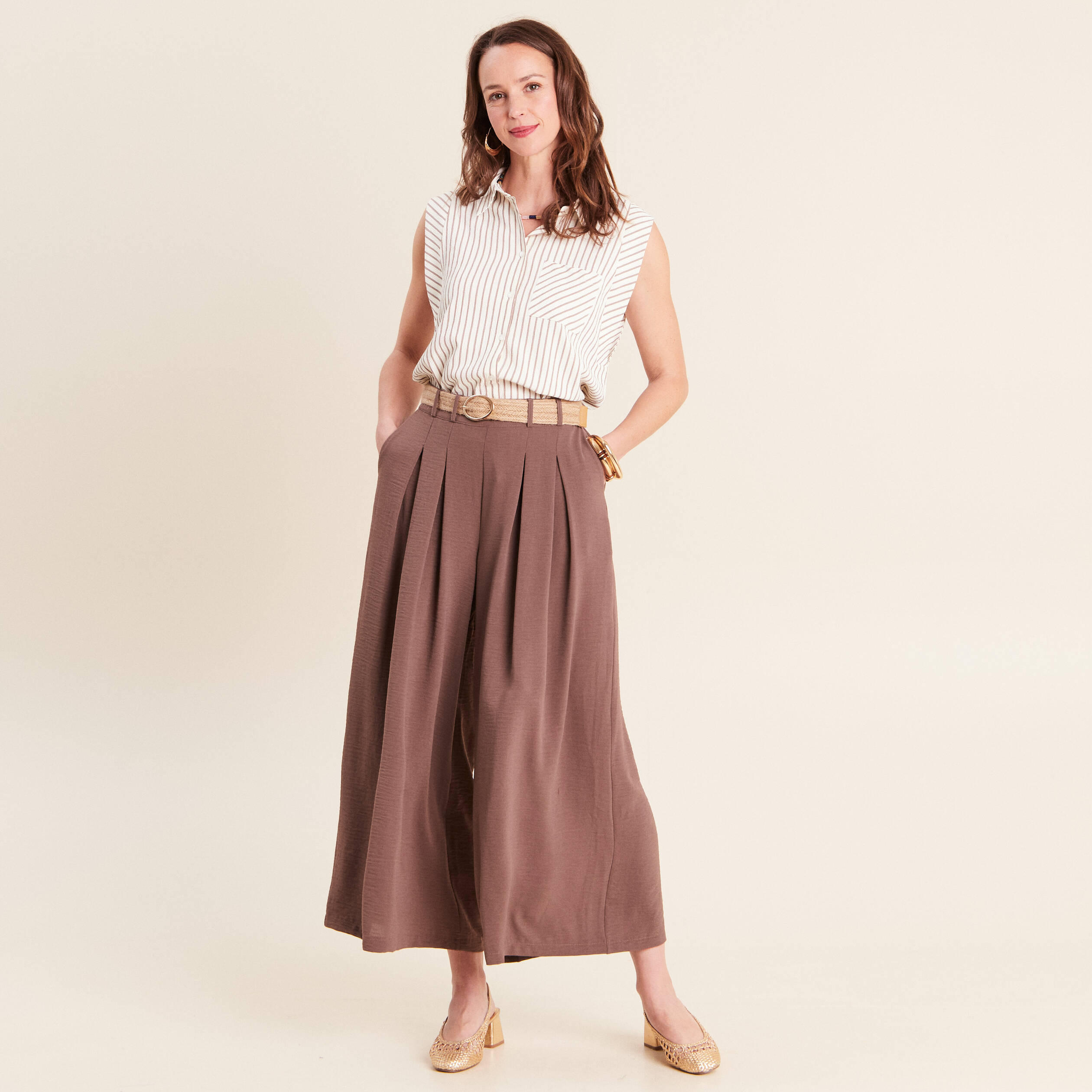 Pantalon jupe-culotte large marron femme