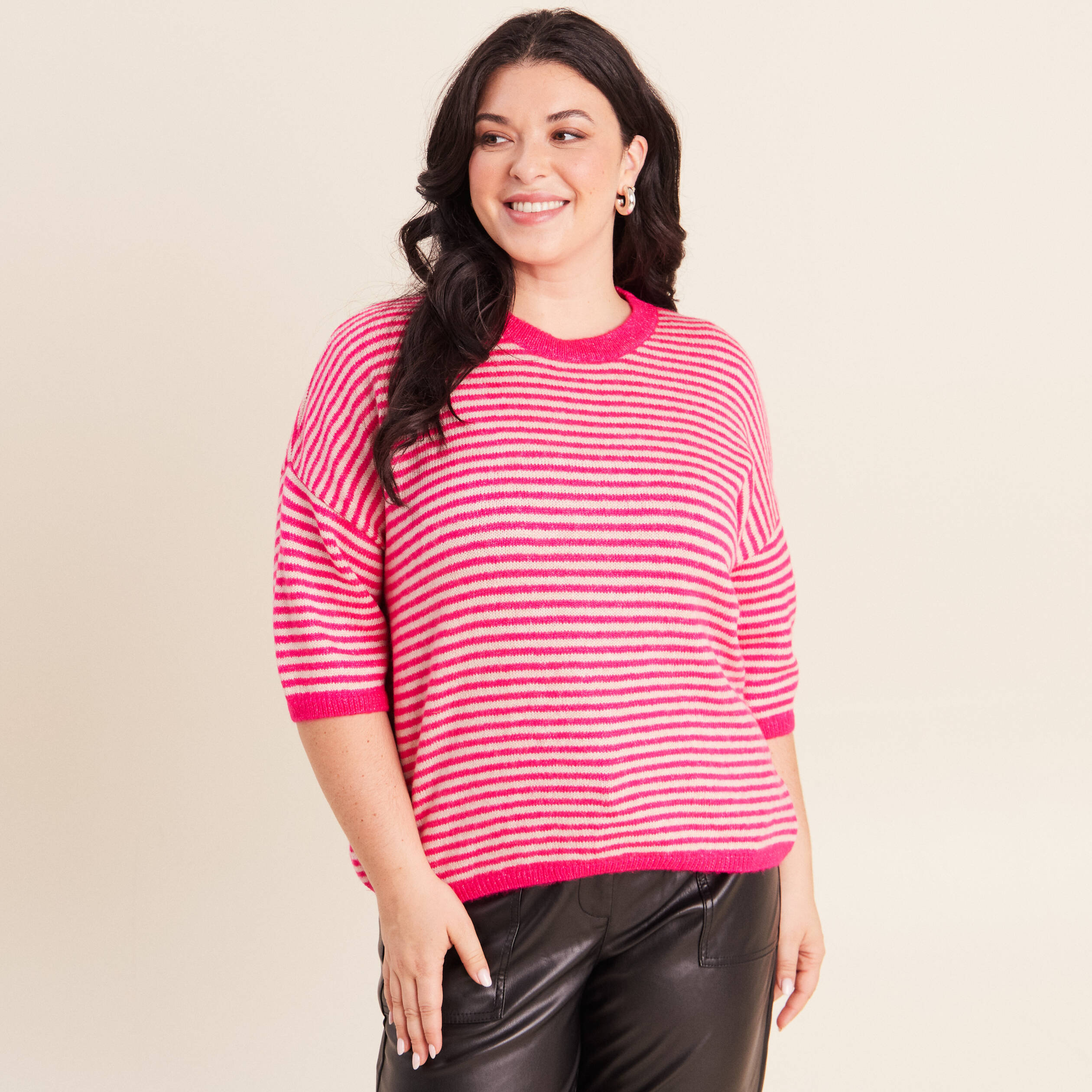 Pull droit col rond manches 3/4 rose femme