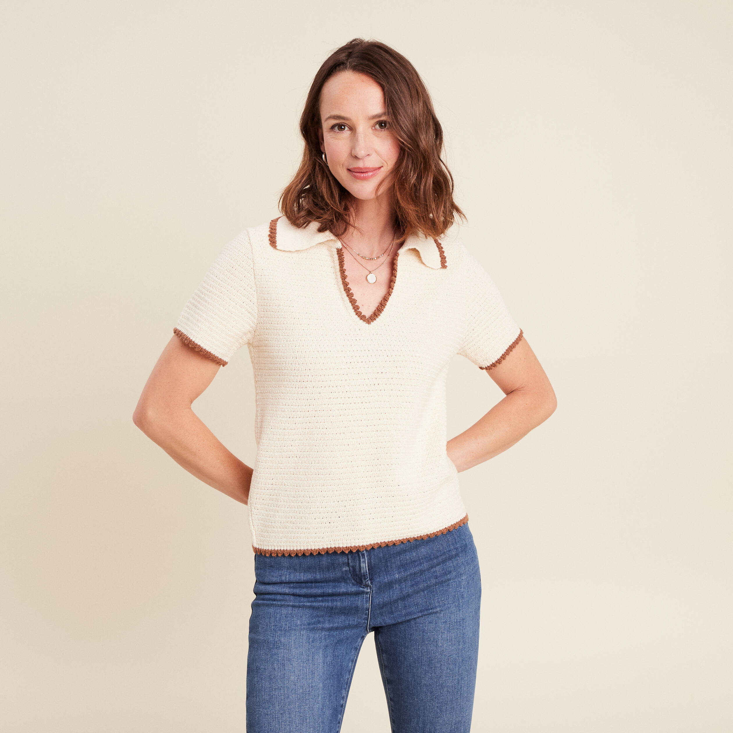 Pull col chemise manches courtes ecru femme