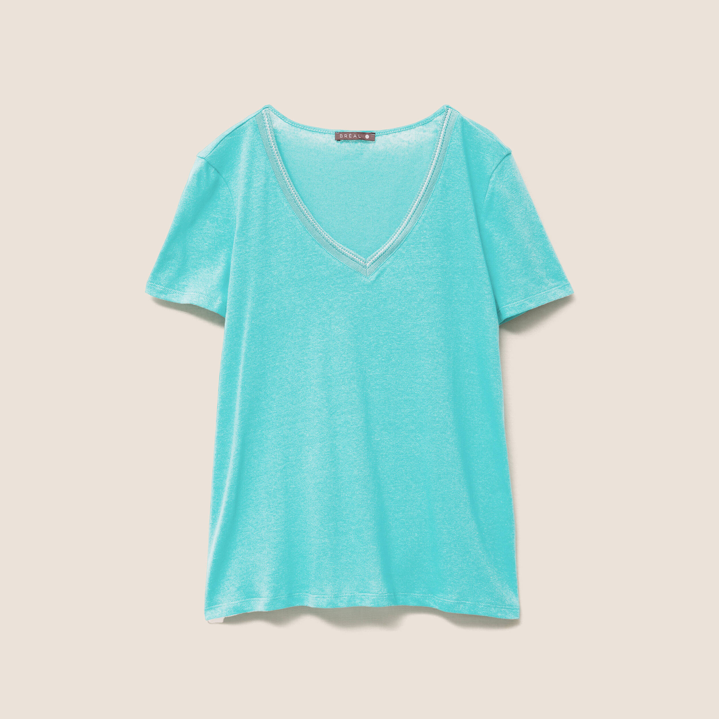 t shirt manches courtes col en v bleu turquoise femme T-shirt manches courtes col en V bleu turquoise femme