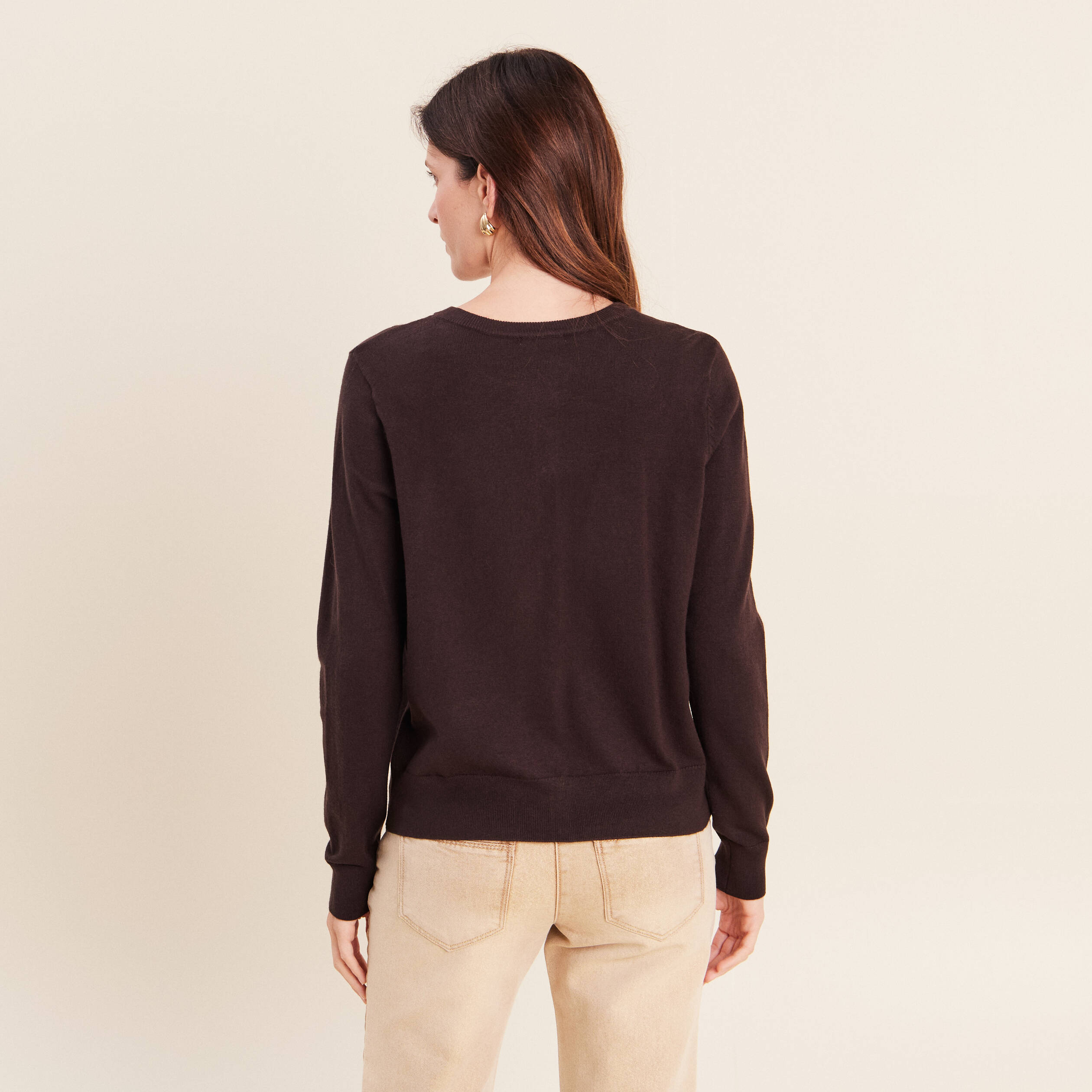 Gilet manches longues col rond marron fonc&eacute; femme