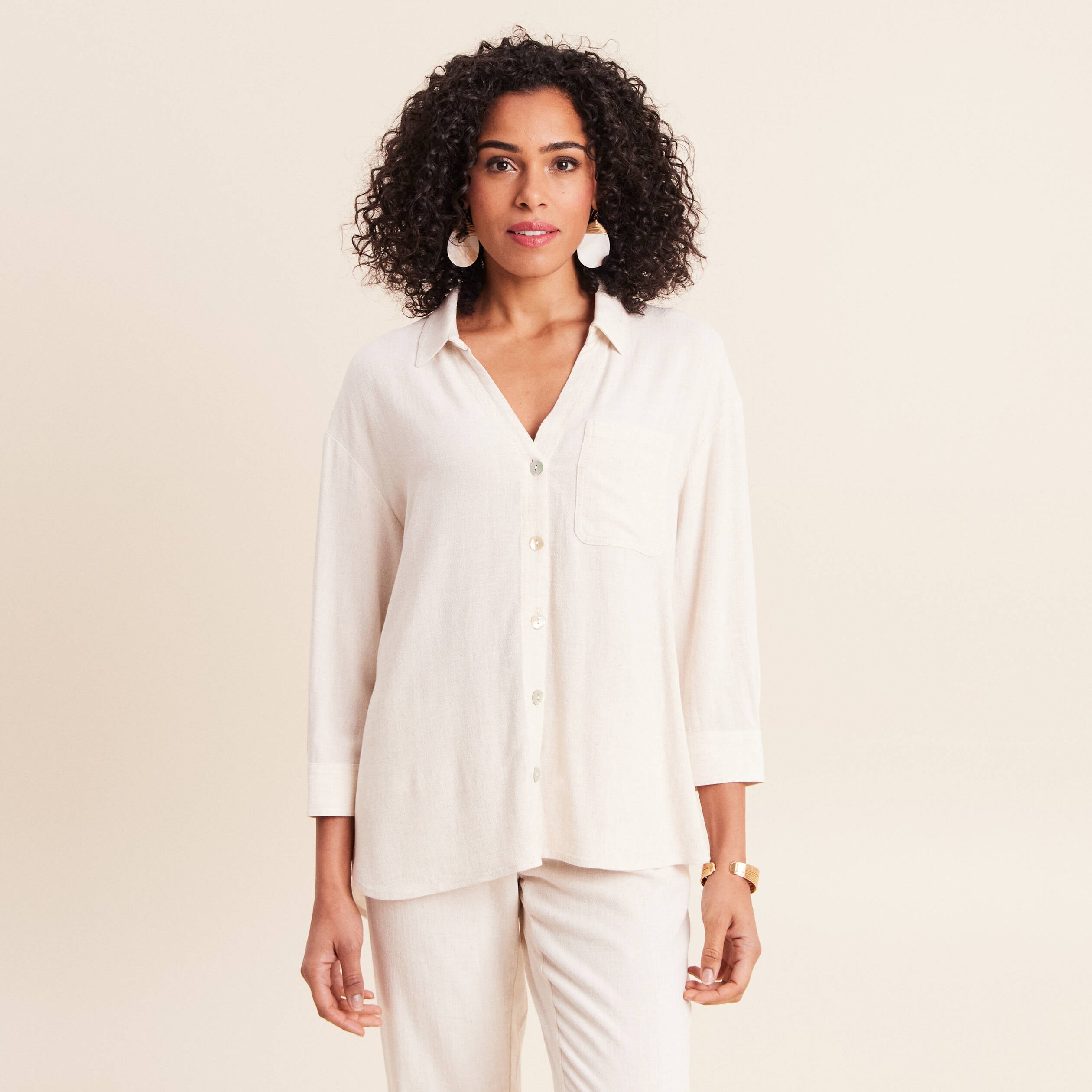 Chemise ample manches 3/4 beige femme