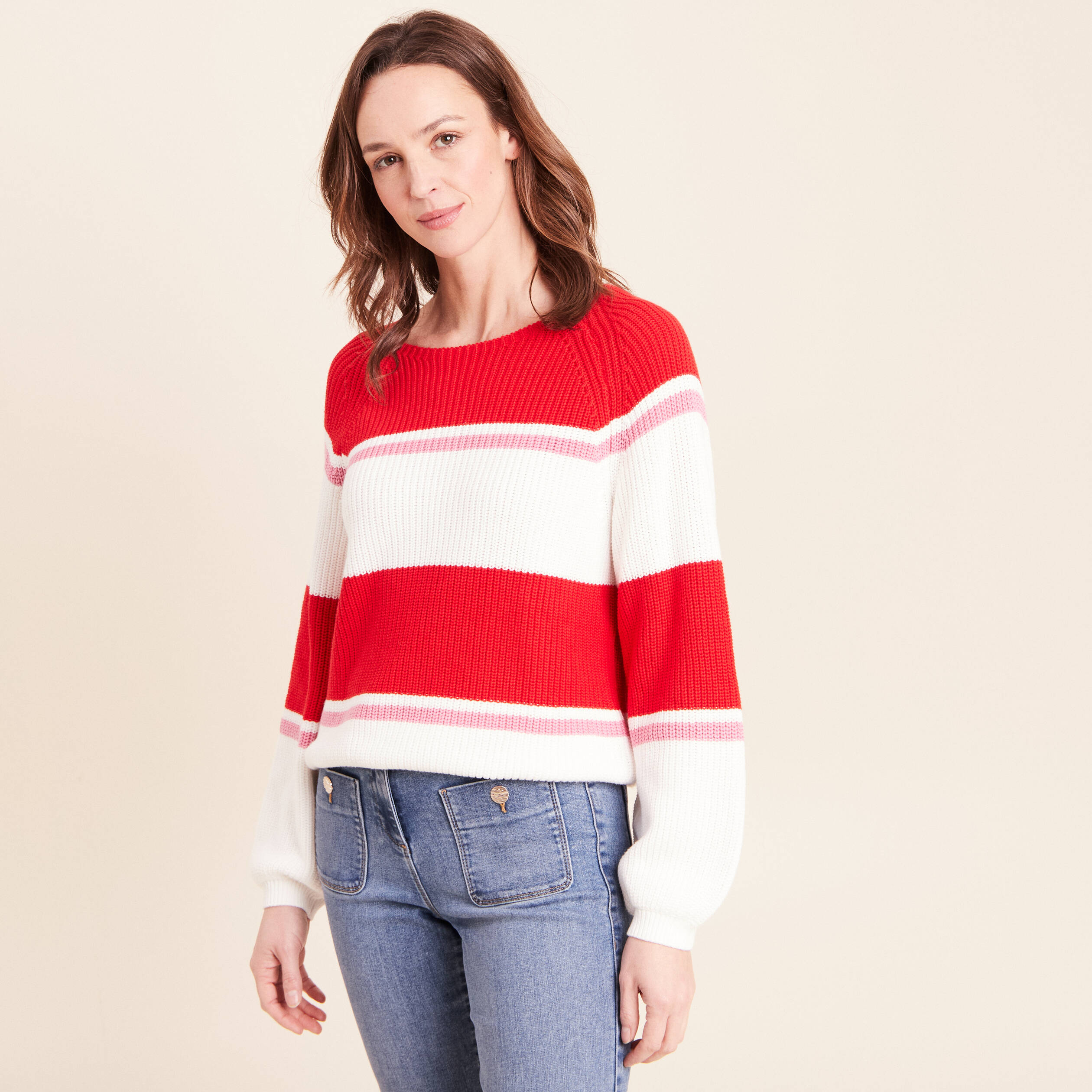 Pull droit col rond en coton ecru femme