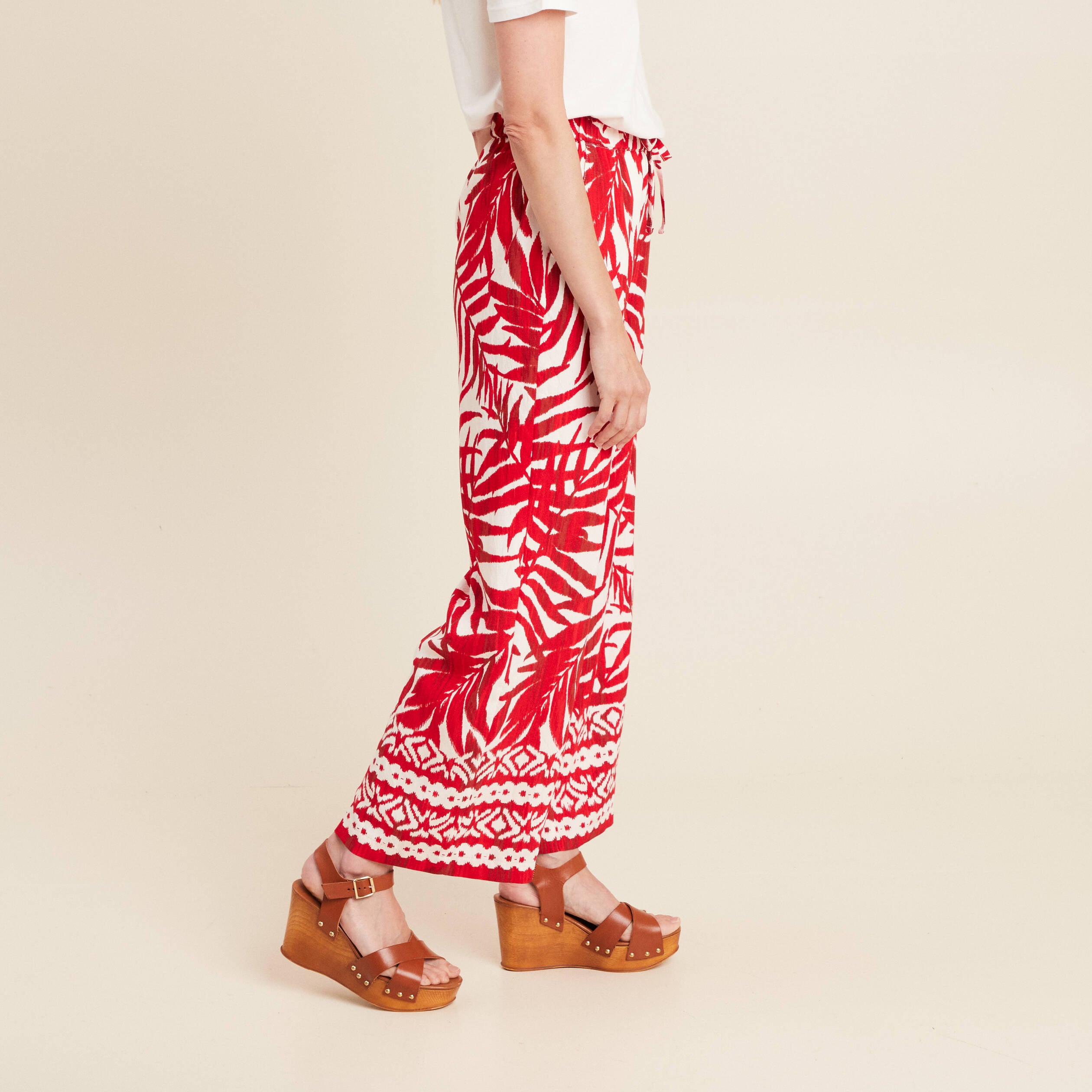Pantalon large taille haute ecru femme