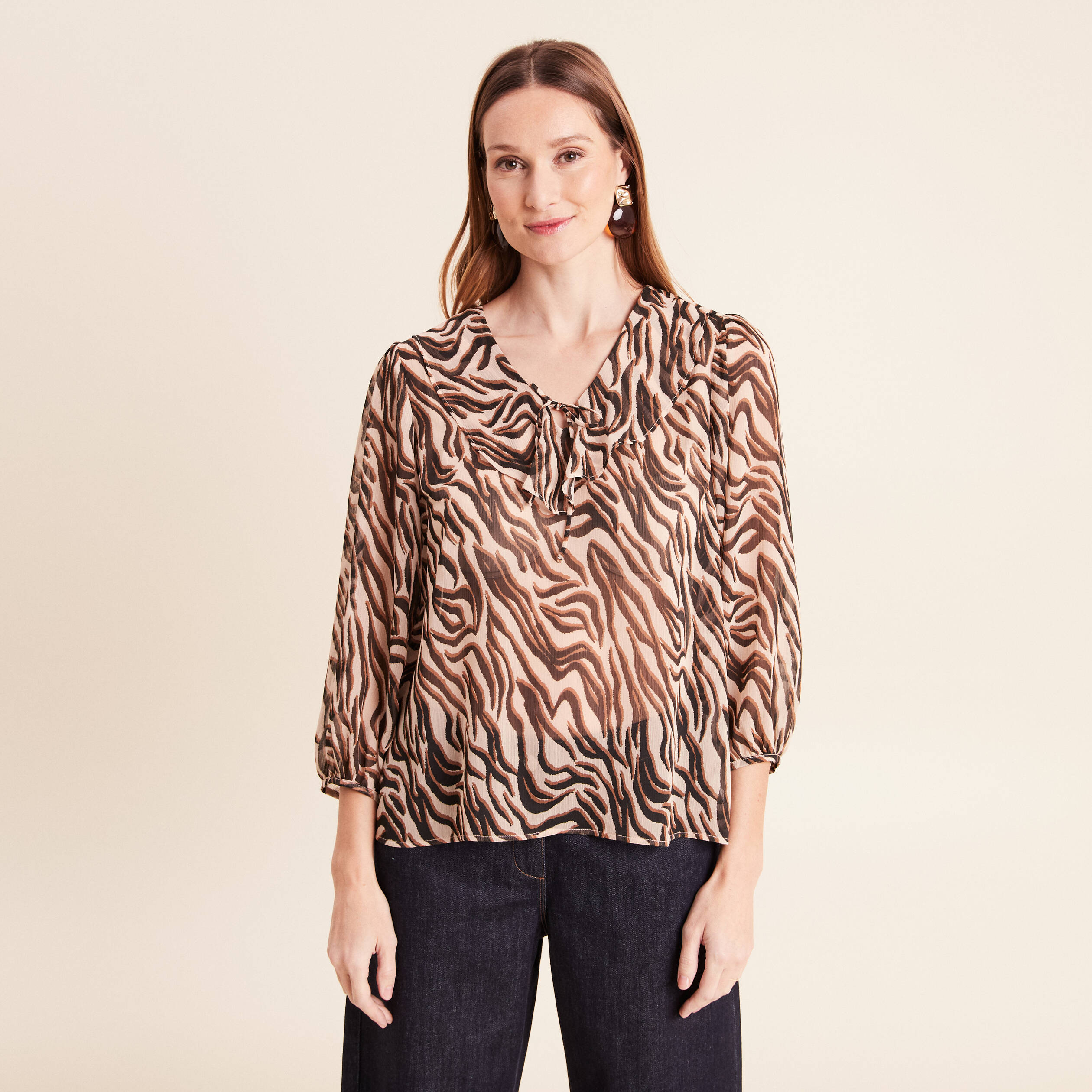 Blouse ample col v en voile manches 3/4 noir femme