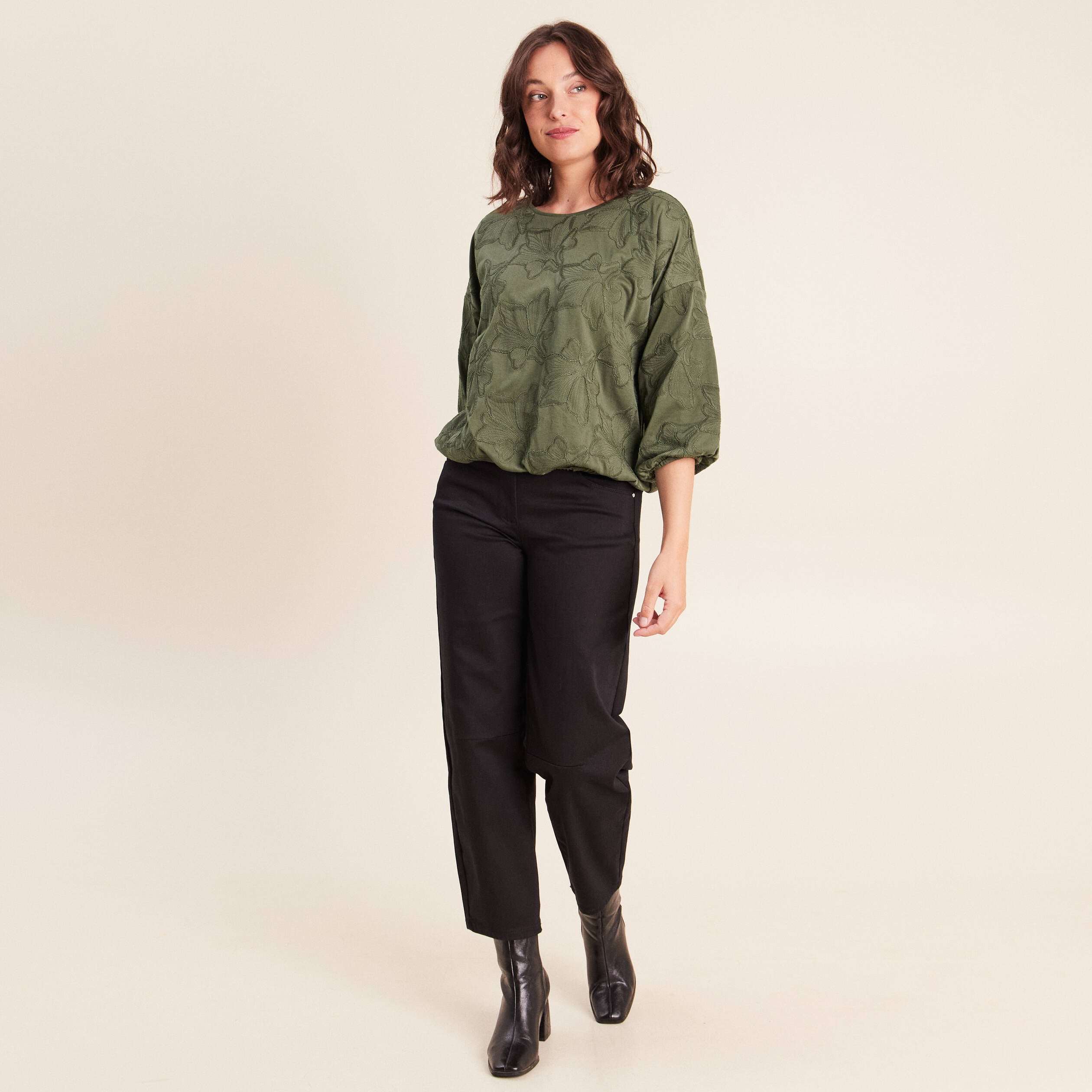 Blouse col rond manches 3/4 bas resserr&eacute; vert kaki femme