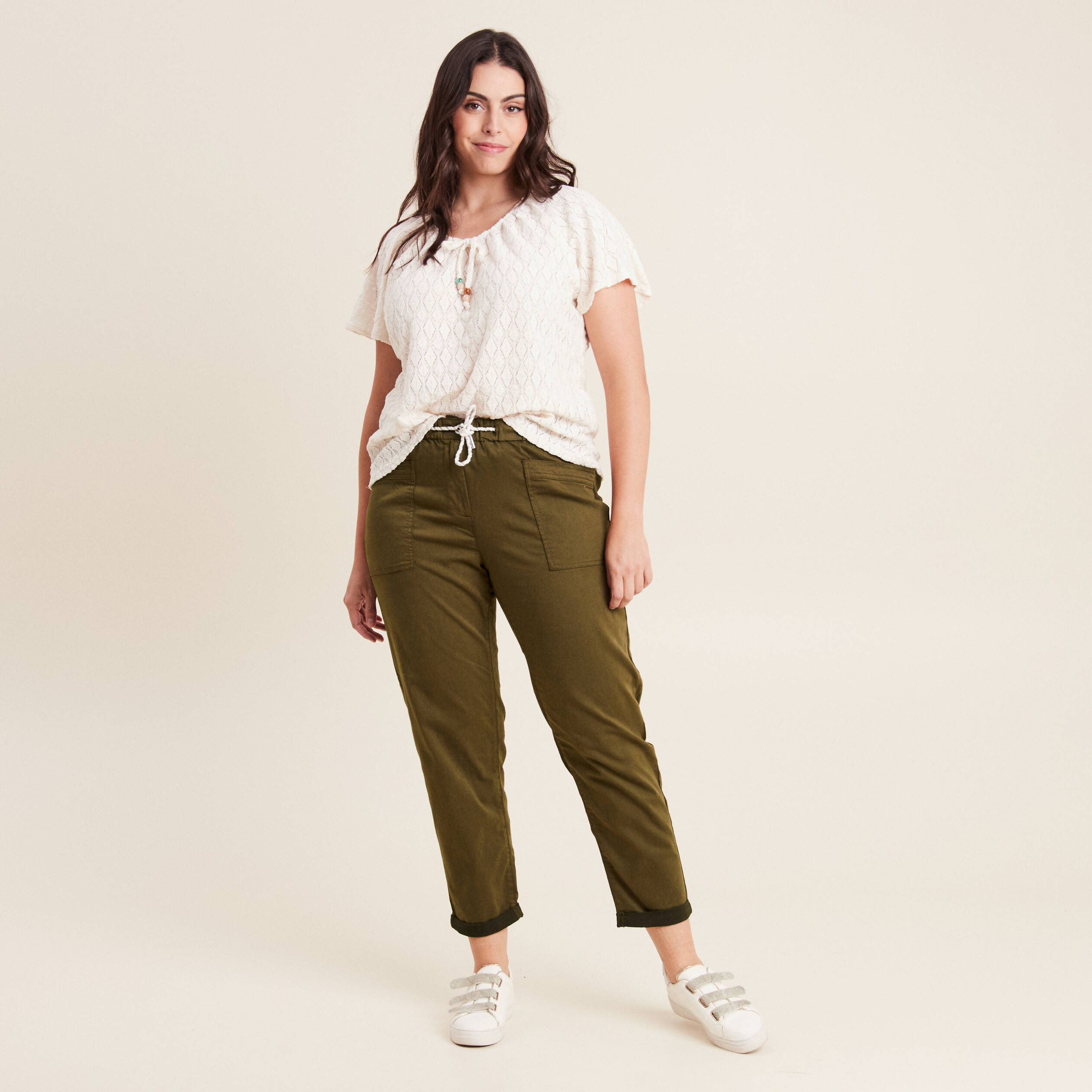 pantalon coupe droite a coulisse vert olive femme Pantalon coupe droite à coulisse vert olive femme