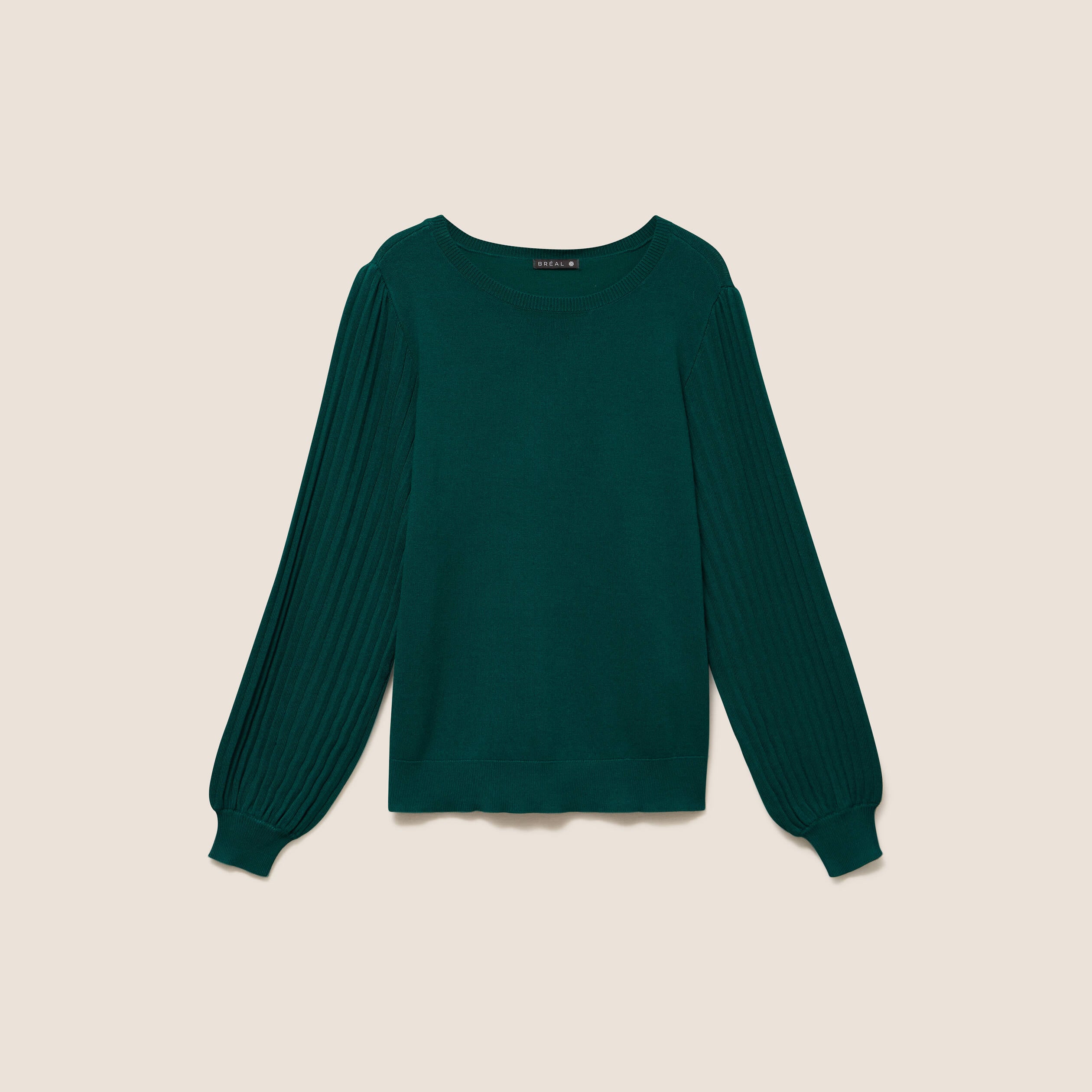 Pull cintr&eacute; col rond manches longues vert fonc&eacute; femme