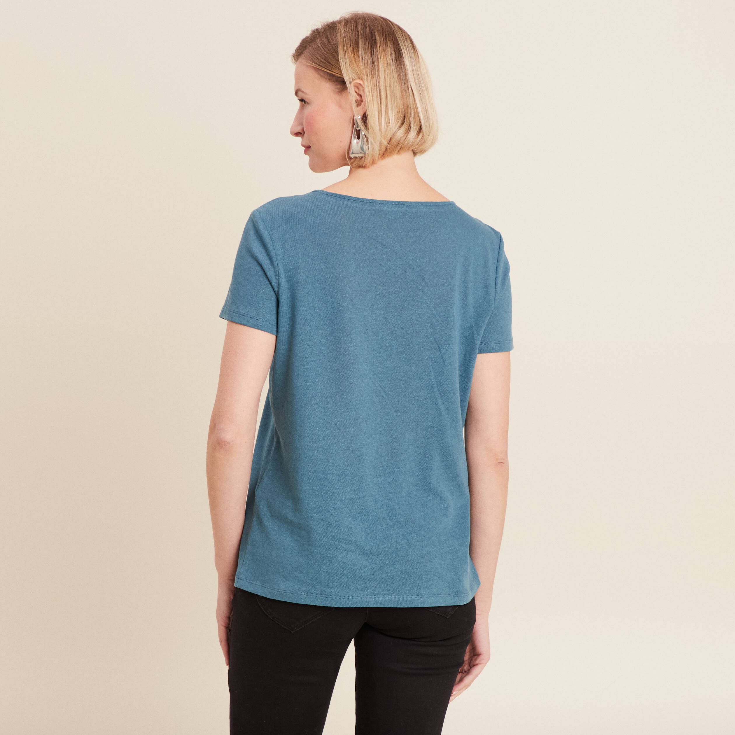 t shirt manches courtes col en v bleu petrole femme T-shirt manches courtes col en V bleu pétrole femme