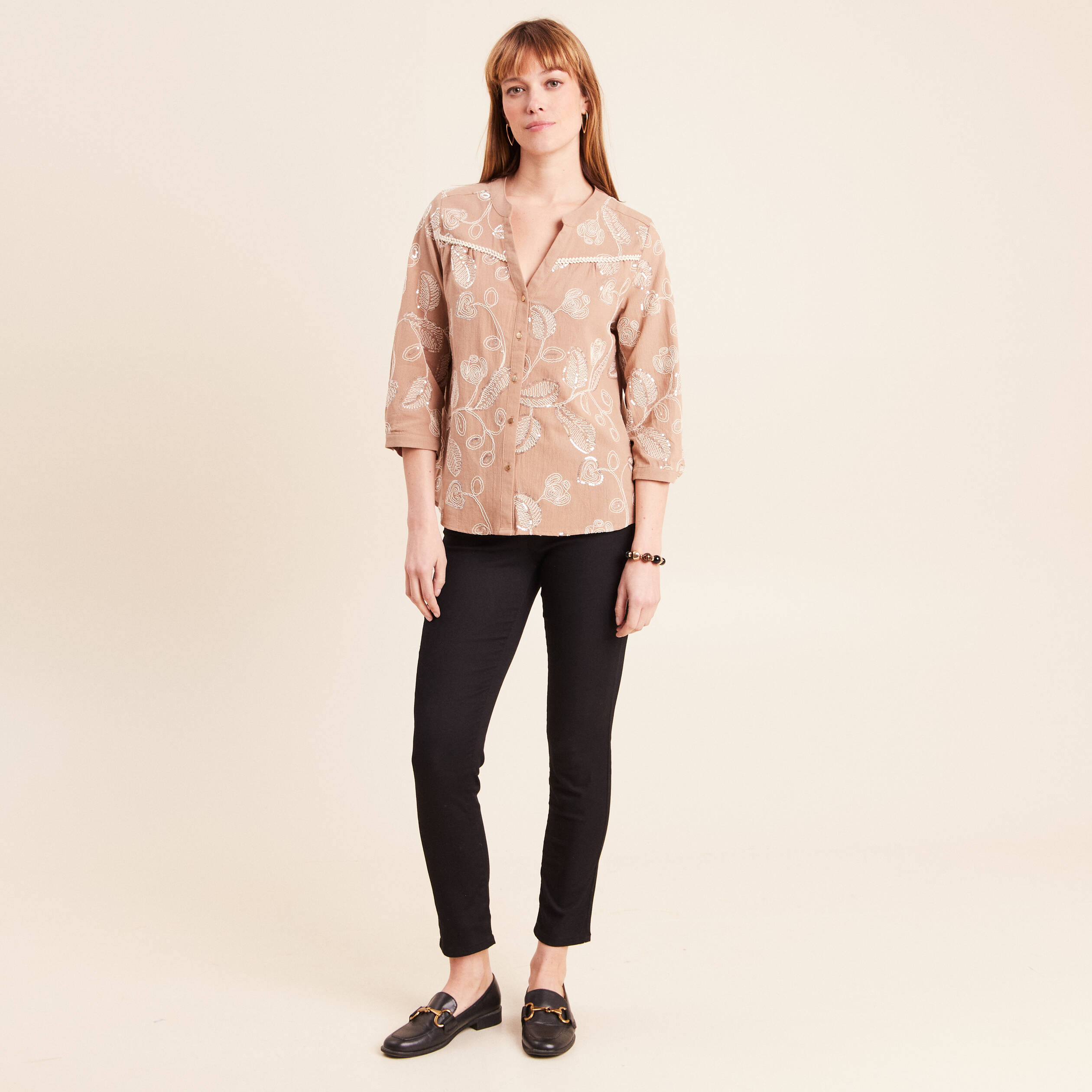 Blouse col tunisien manches 3/4 beige femme