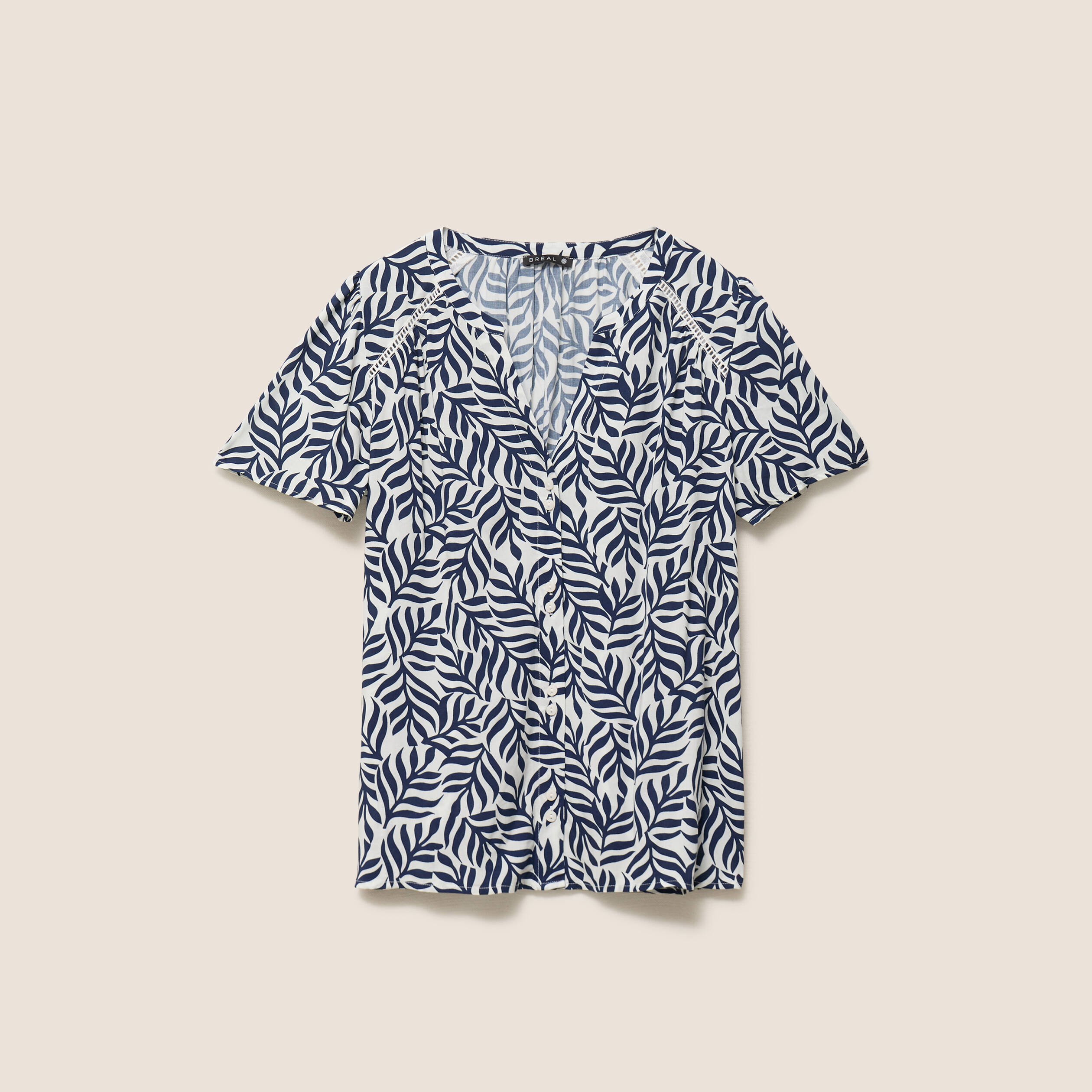 Blouse col v manches courtes fluide bleu femme