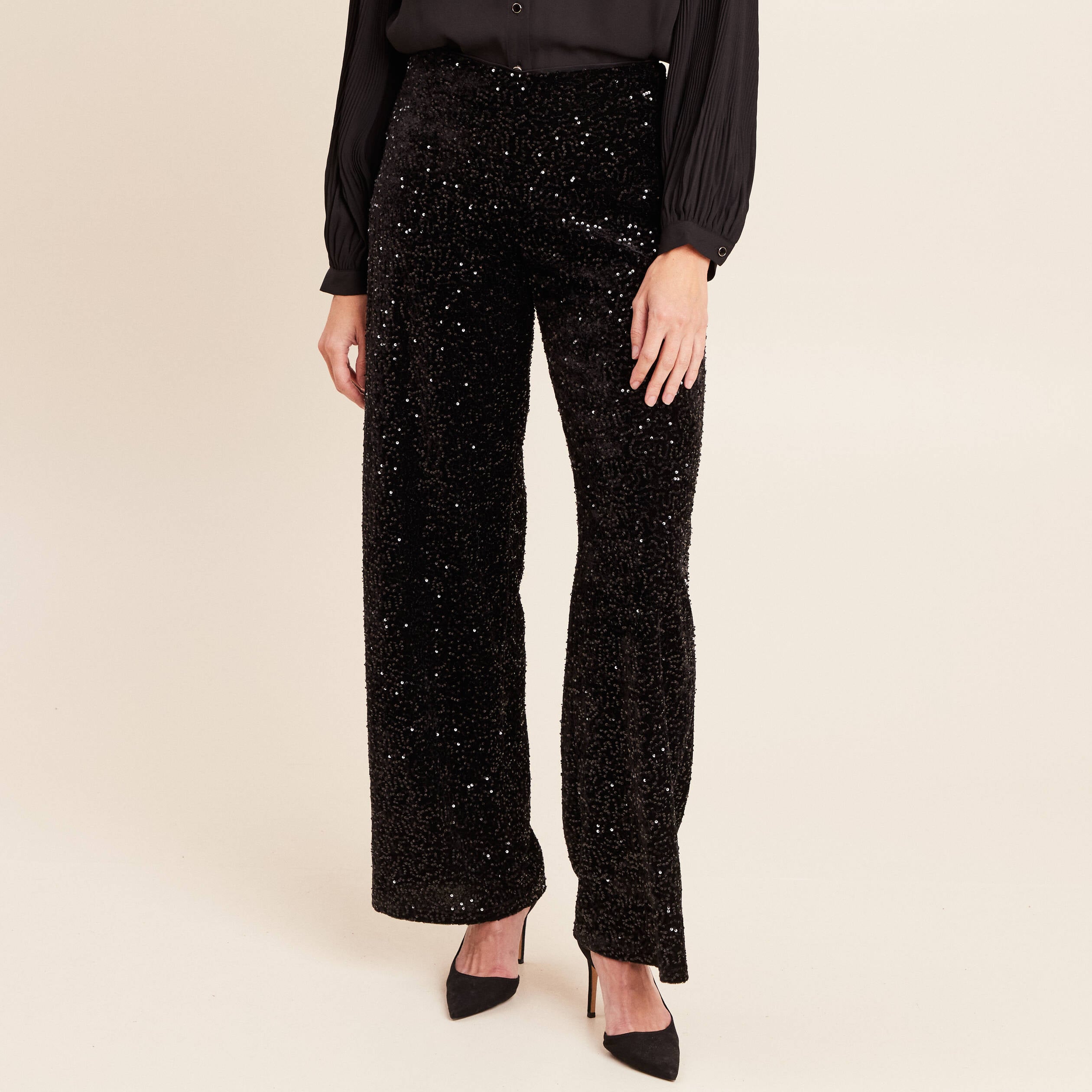 Pantalon &agrave; sequins noir femme