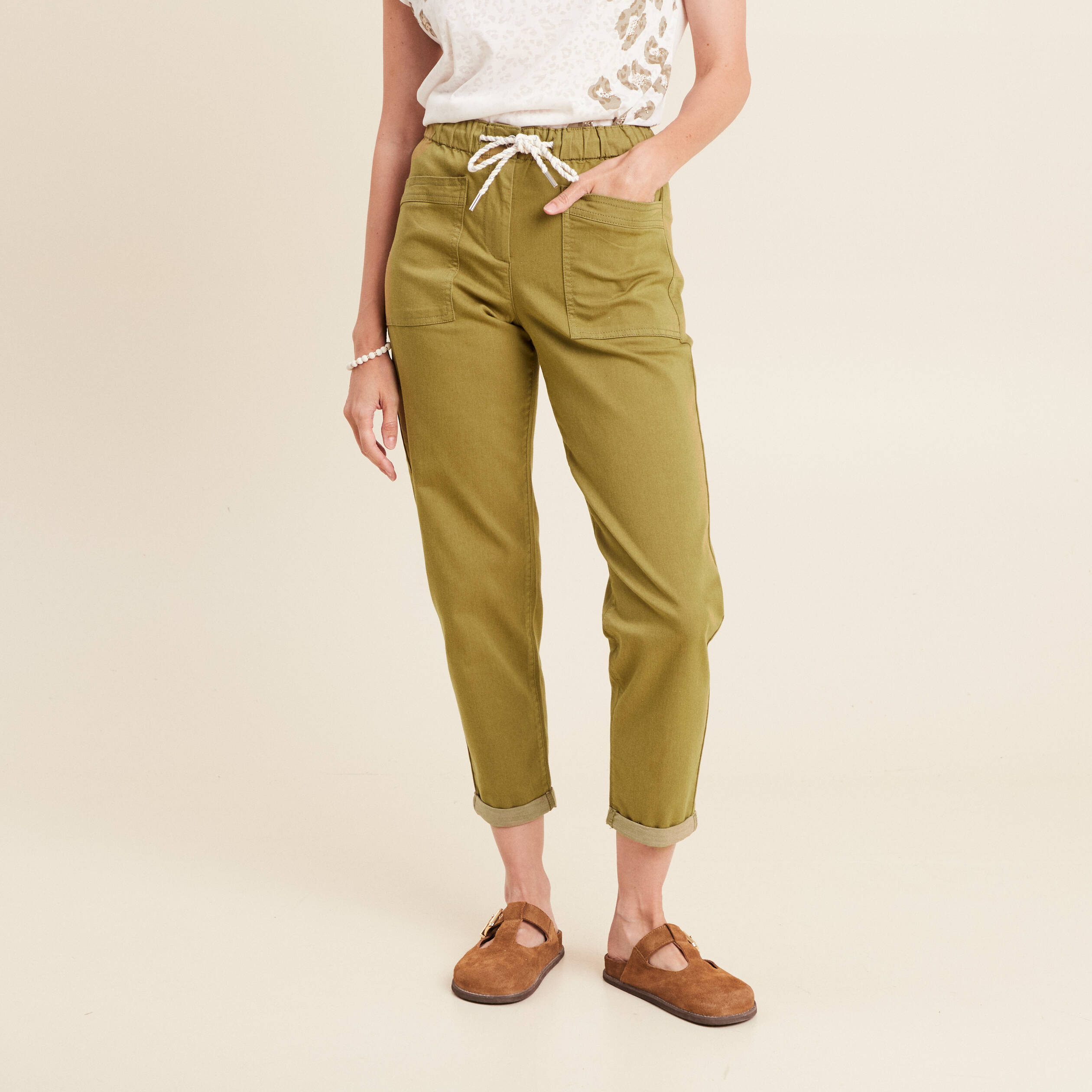 Pantalon coupe mom 7/8&egrave;me vert kaki femme