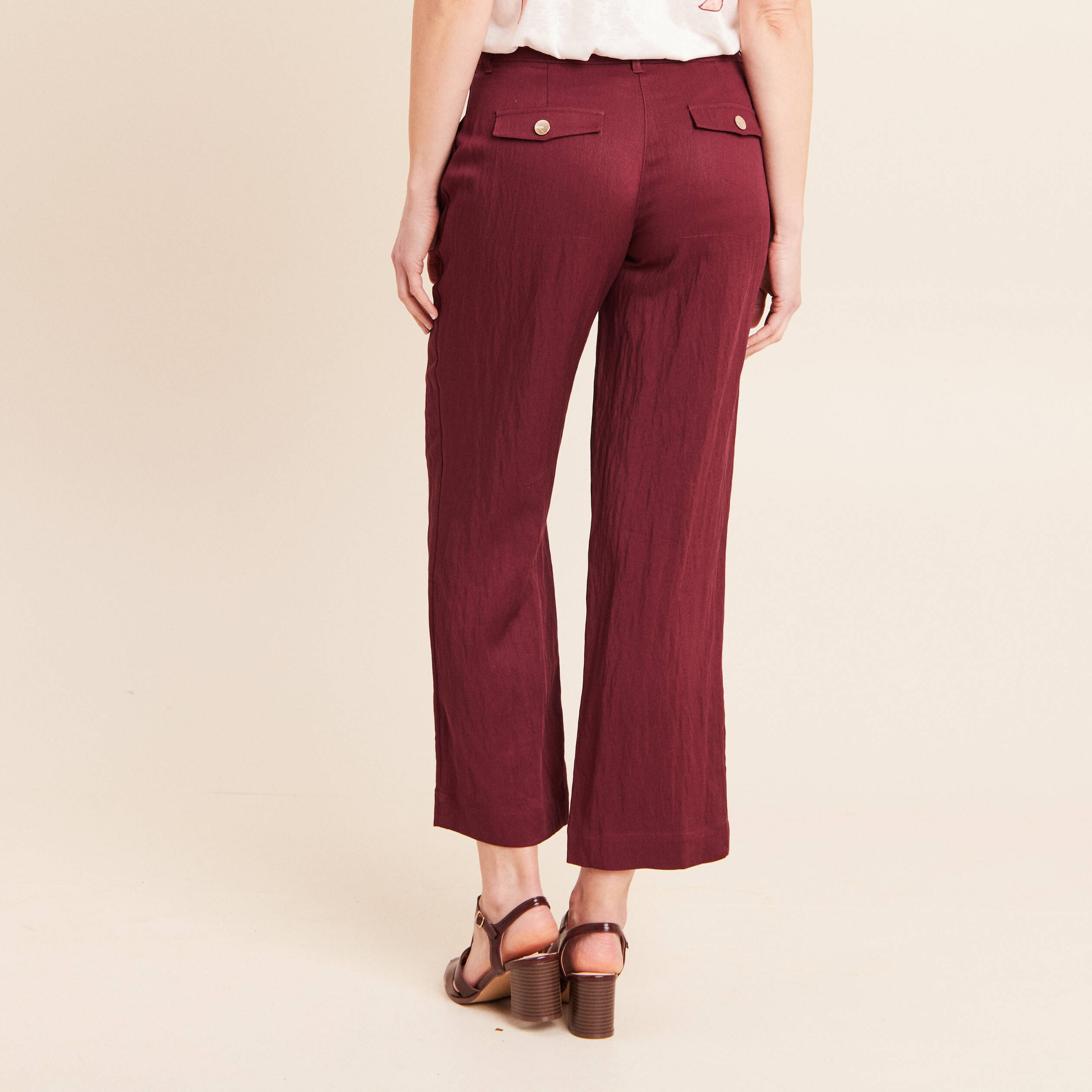 Pantalon large 7/8&egrave;me ceintur&eacute; prune femme