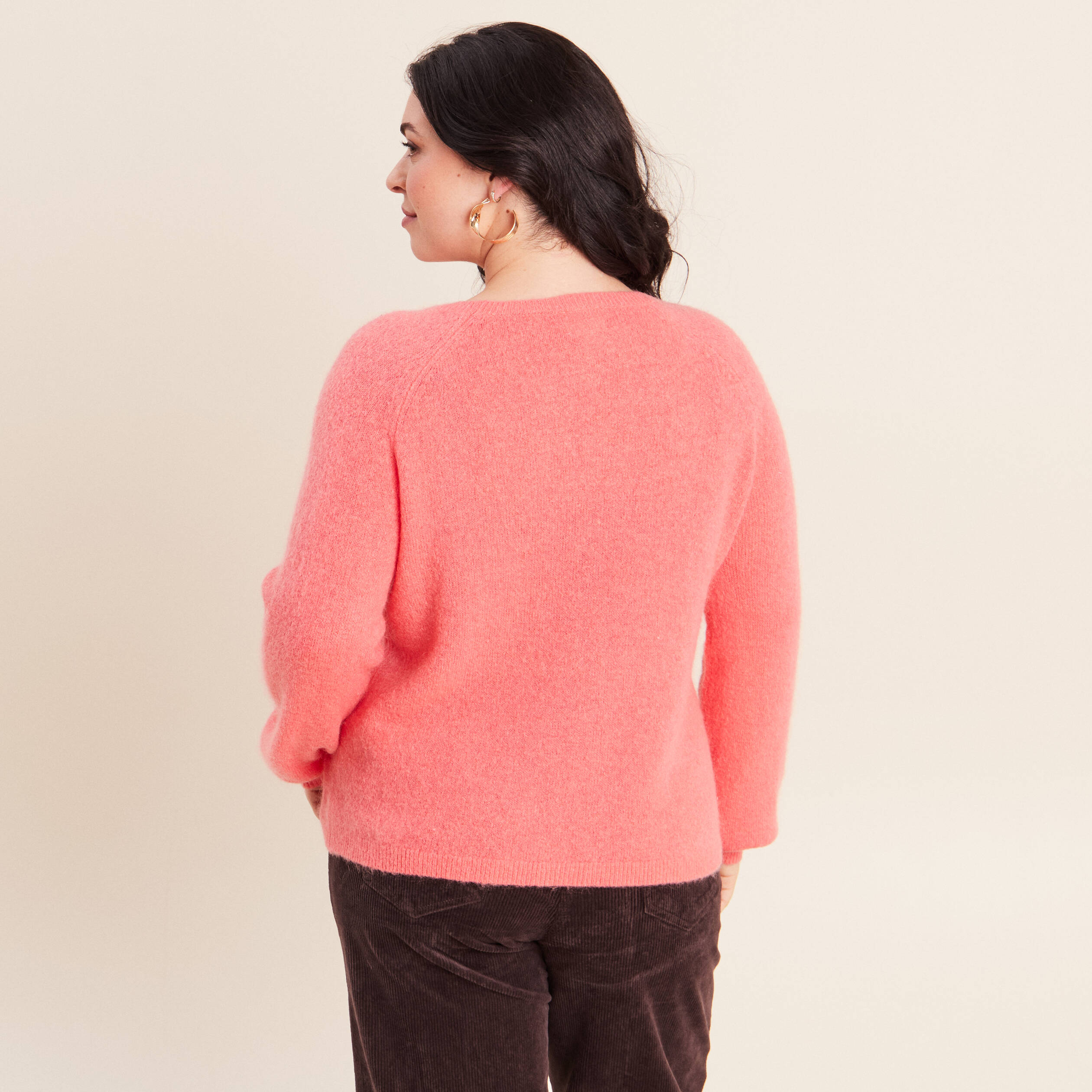 Pull col rond manches longues rose framboise femme