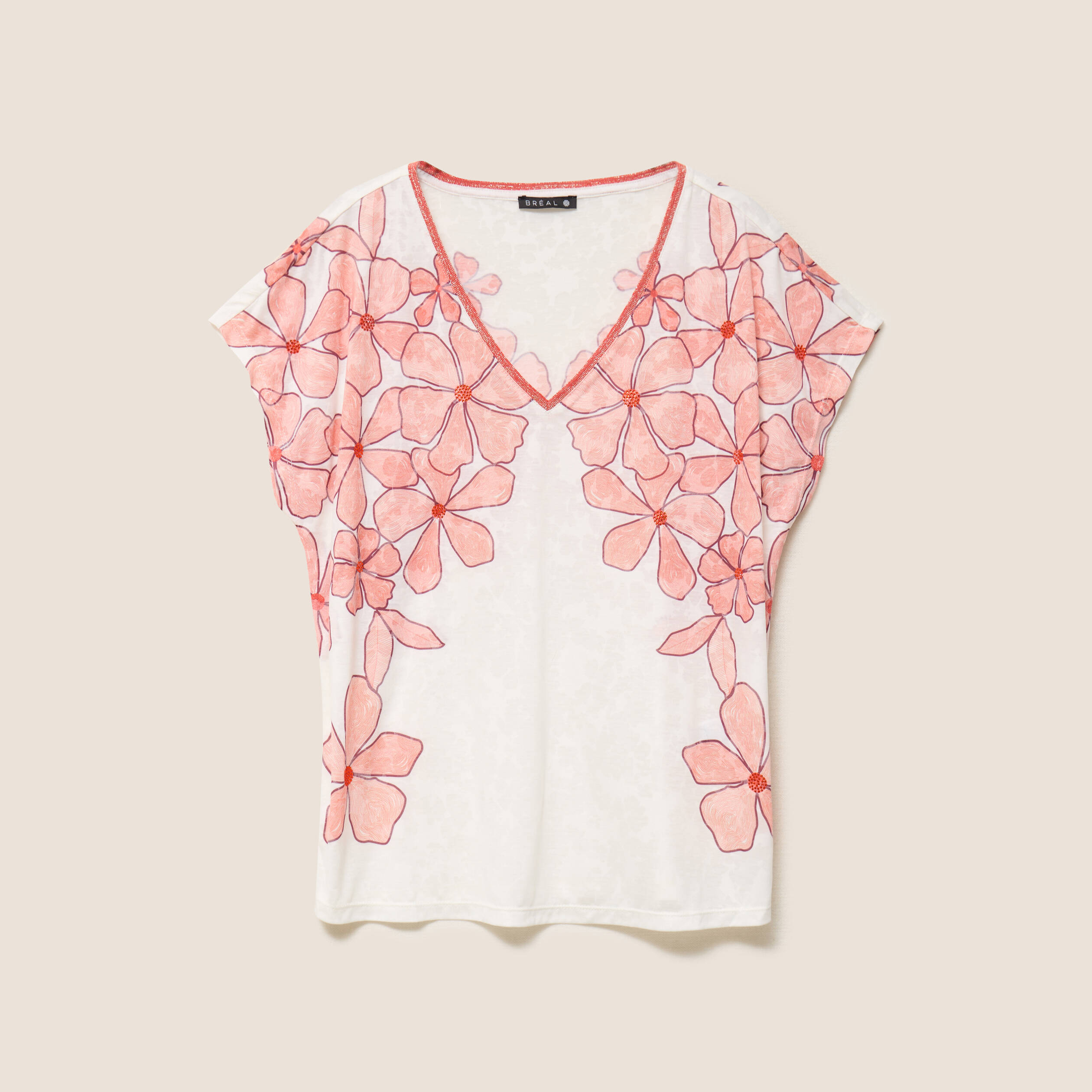 T-shirt col v manches courtes ecru femme