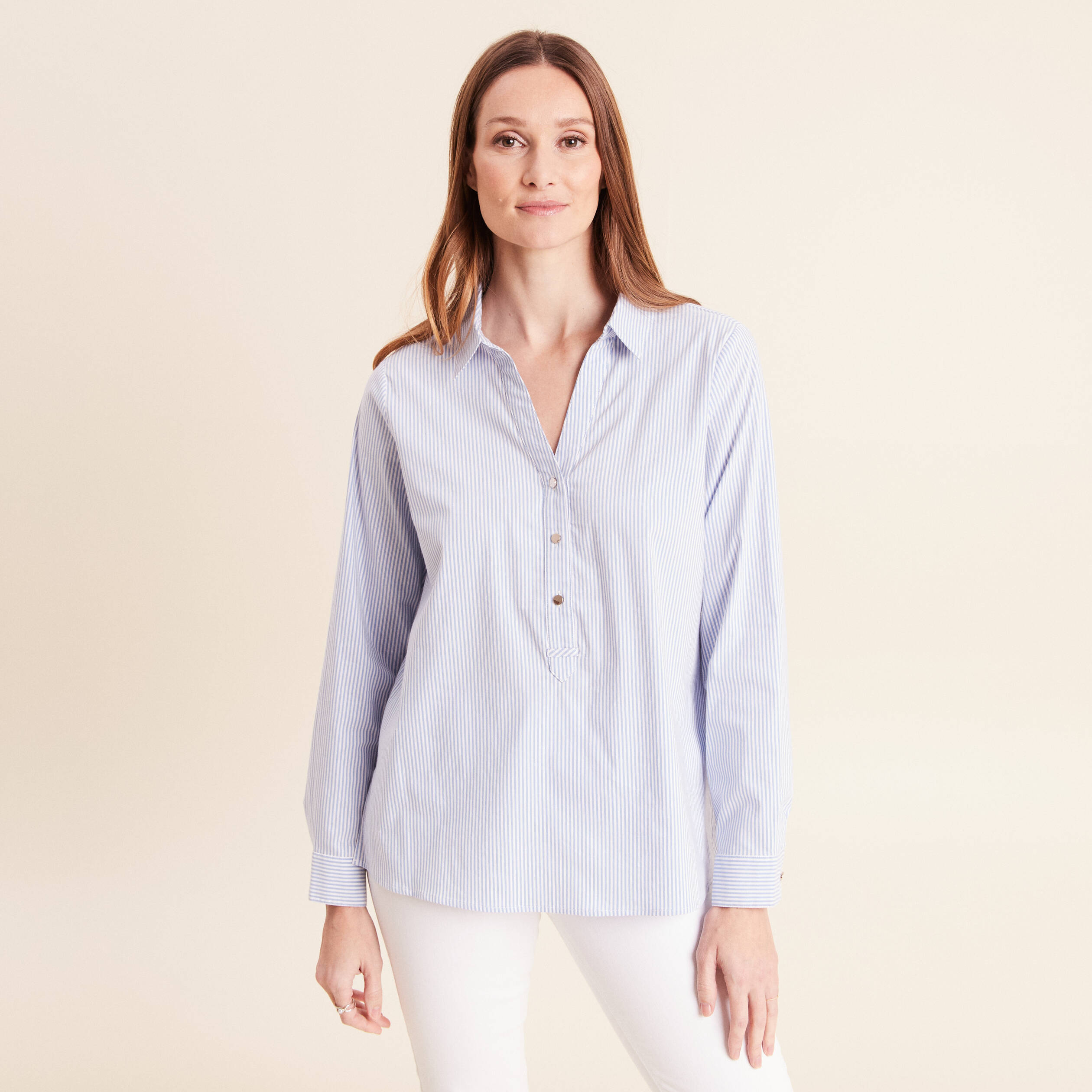 Blouse ample col chemise manches longues bleu femme