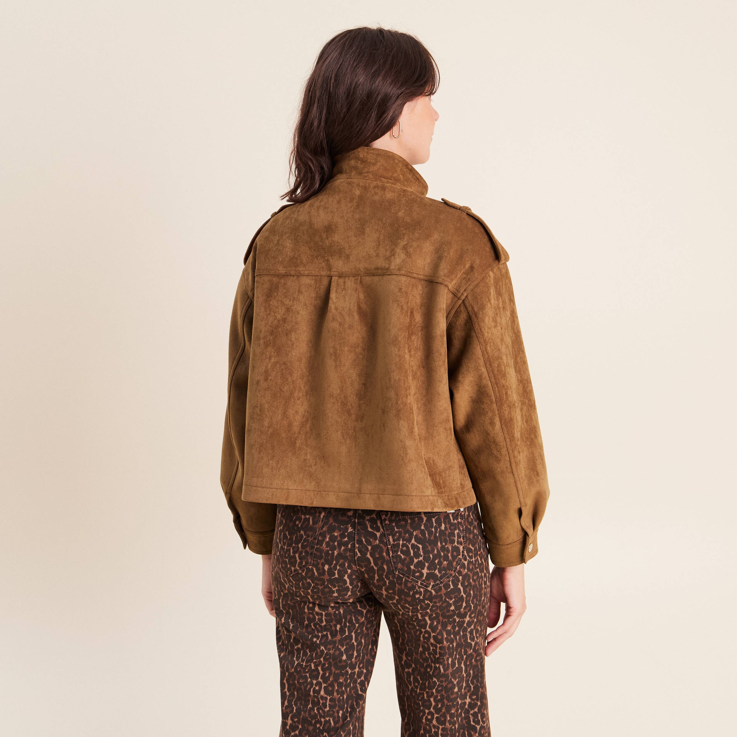 Veste ample col montant doubl&eacute;e marron fonc&eacute; femme