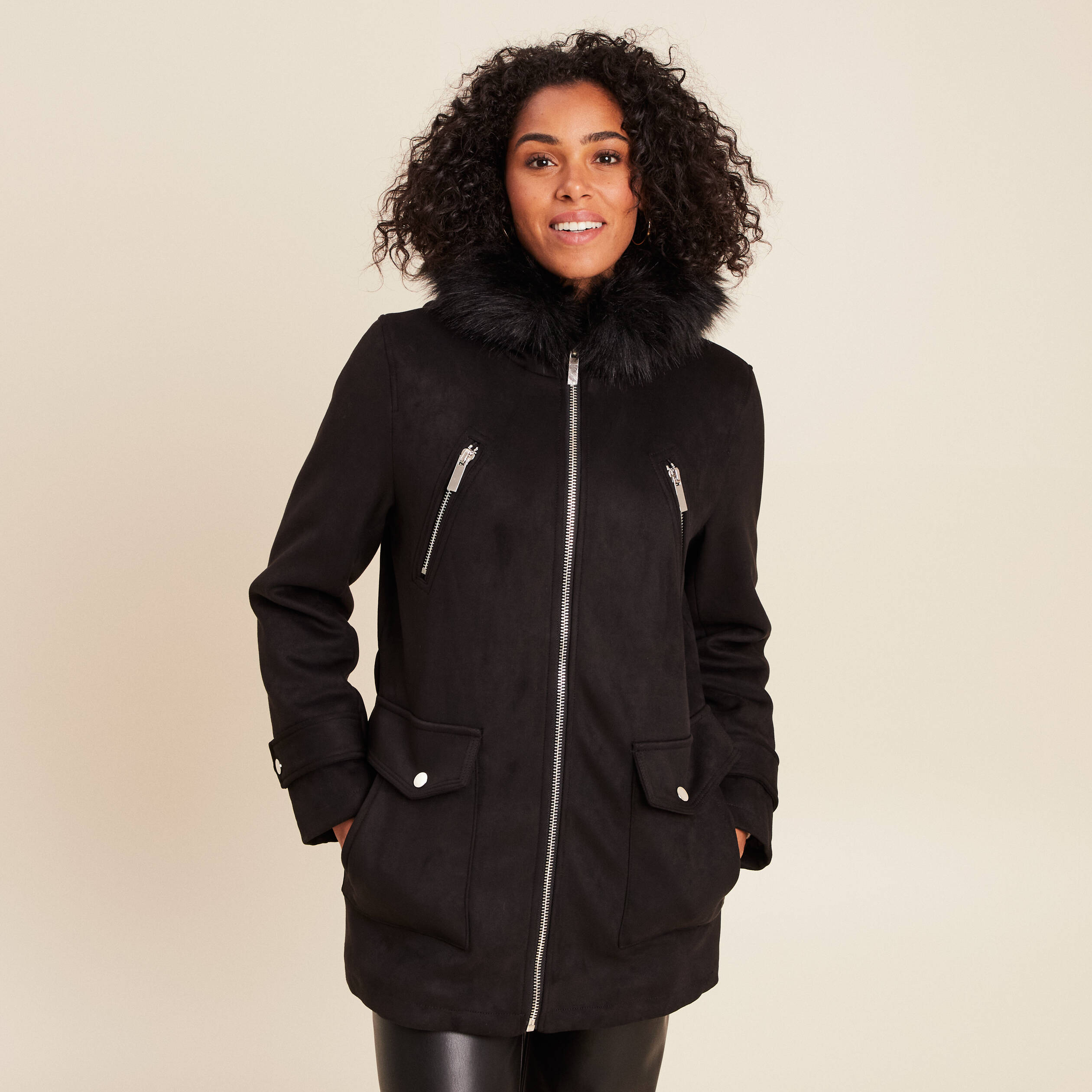 Manteau cintré mi-long à capuche noir femme Vibs