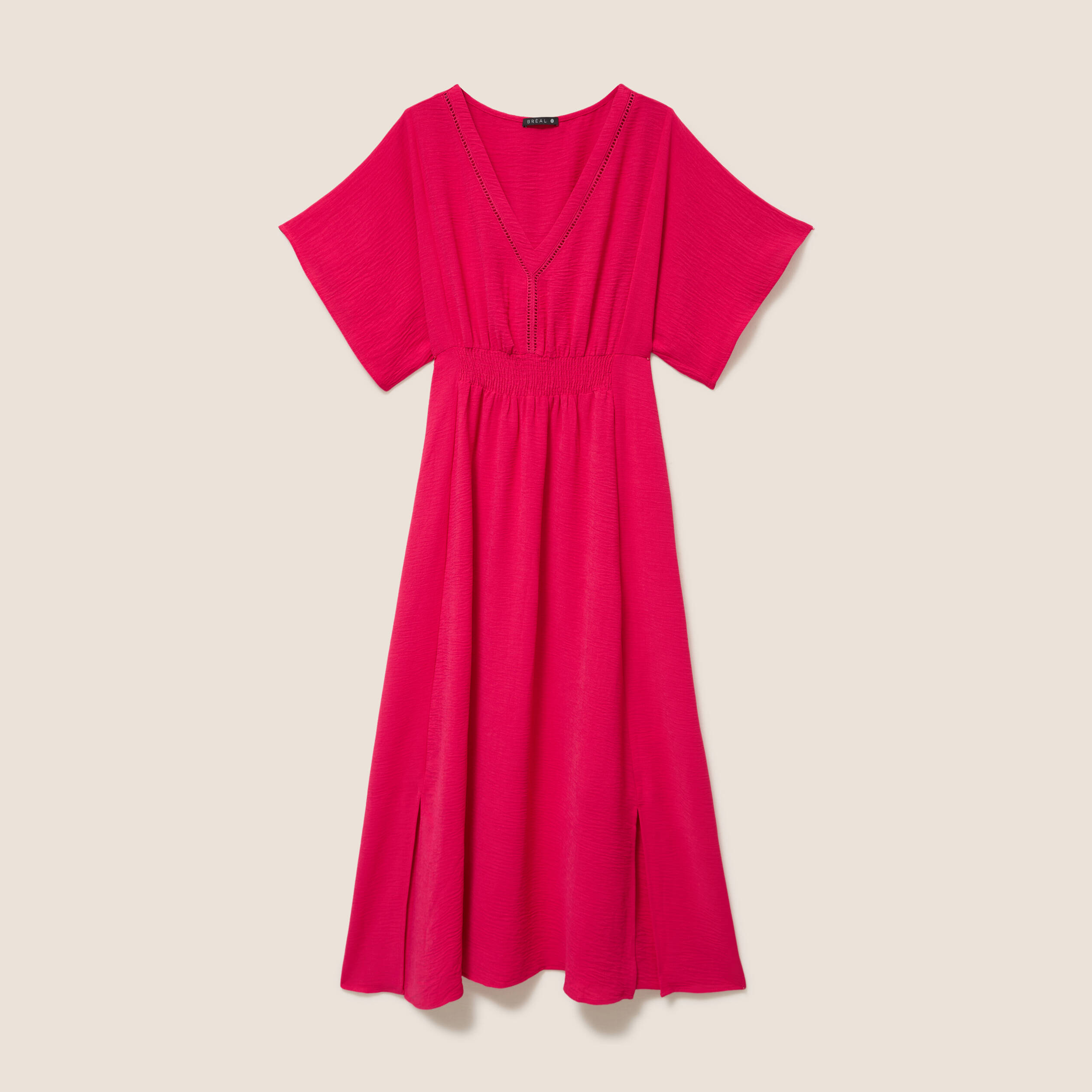 Robe longue &eacute;vas&eacute;e col v manches coudes rose fushia femme