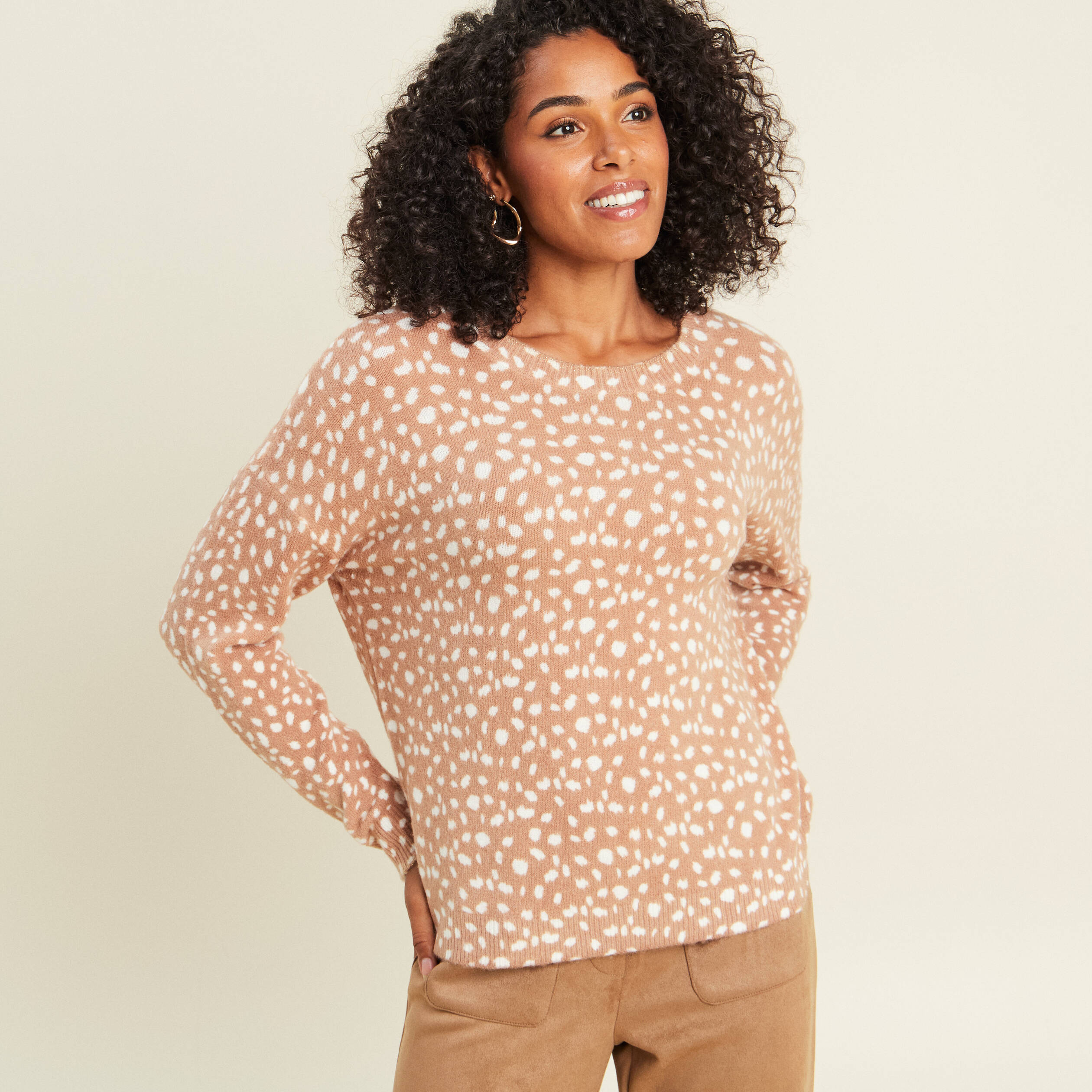Pull droit col rond manches longues marron femme