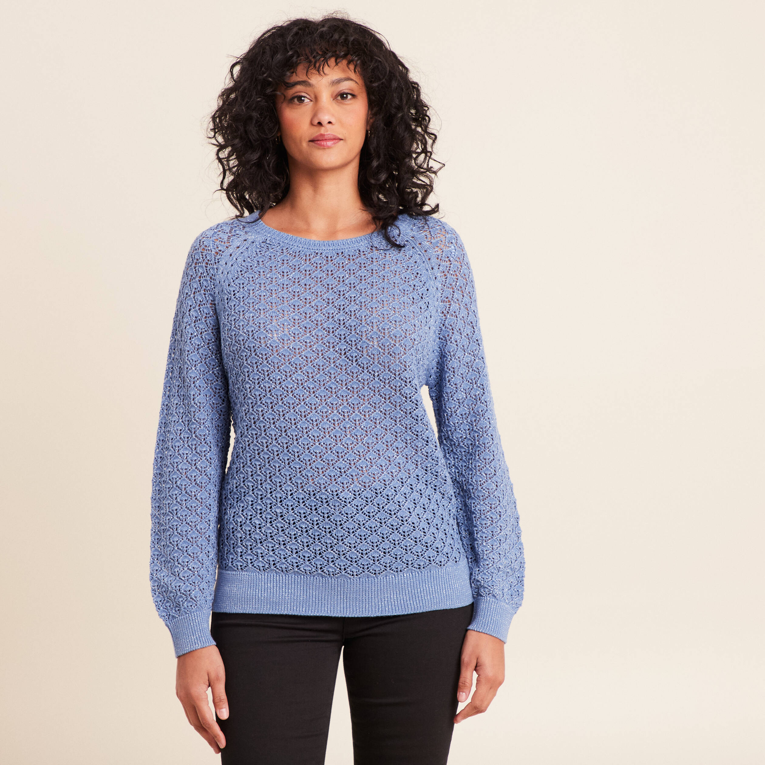 Pull col rond manches longues bleu ciel femme