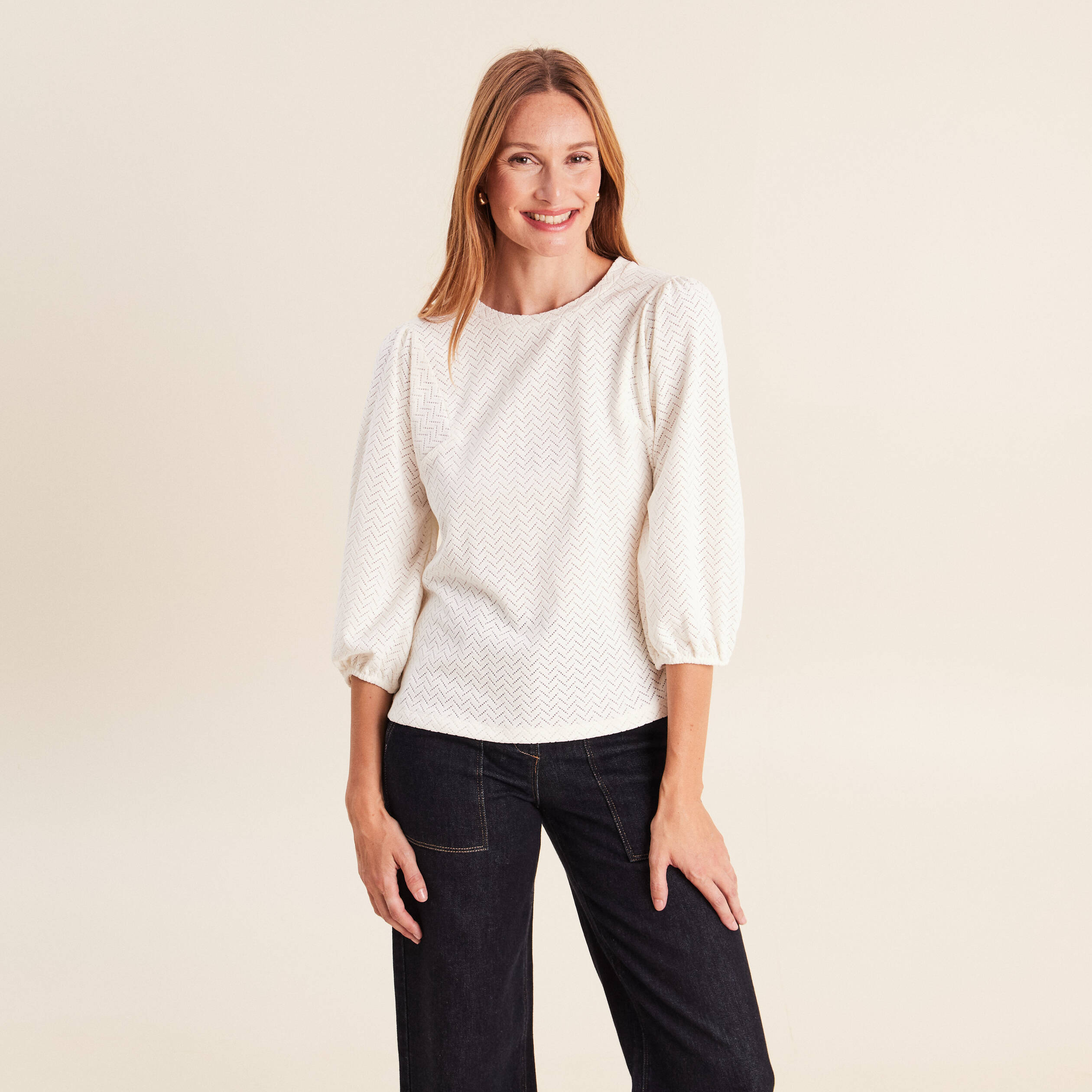Blouse droite col rond manches 3/4 ecru femme