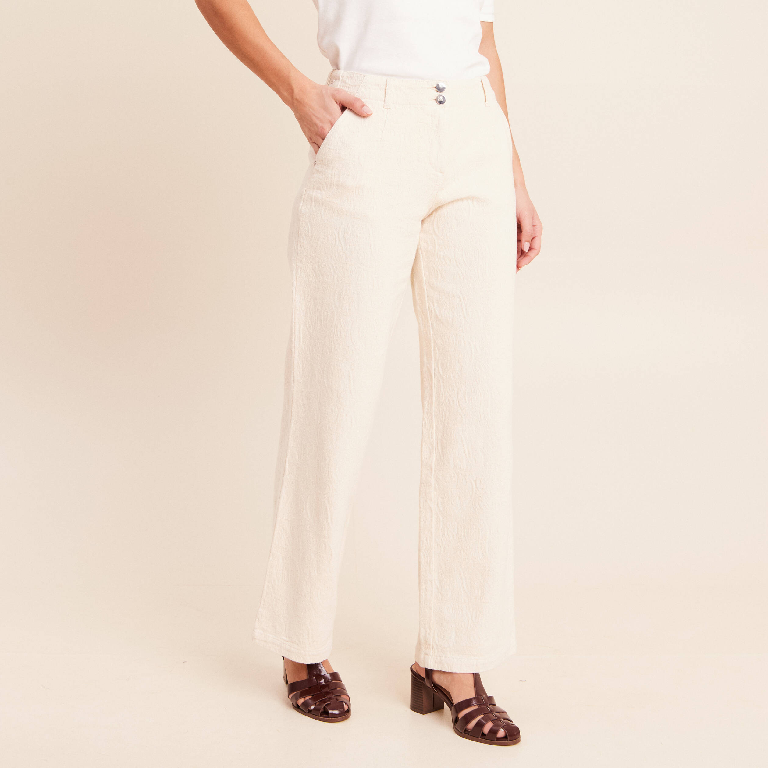 Pantalon coupe droite taille standard ivoire femme