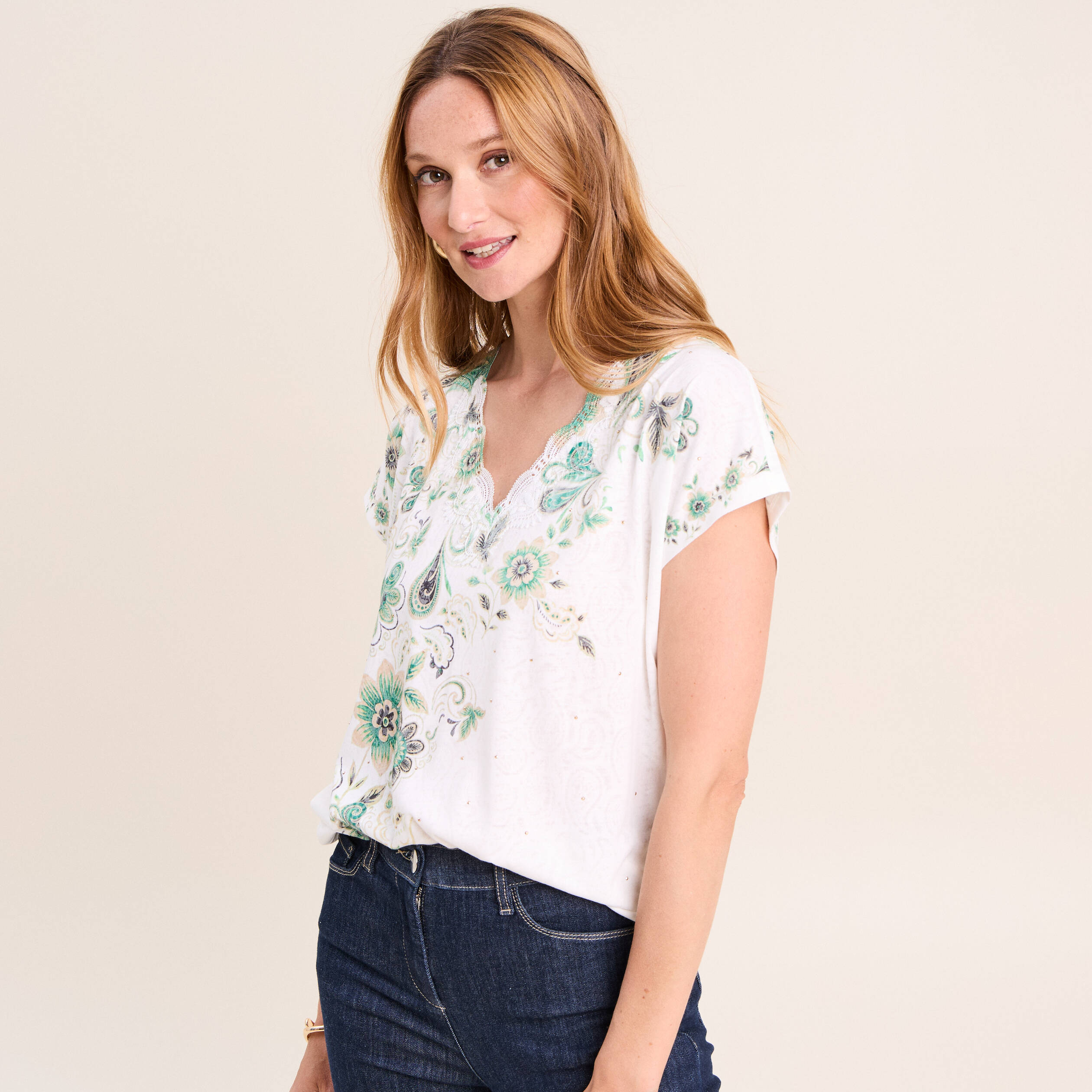 T-shirt col rond ecru femme