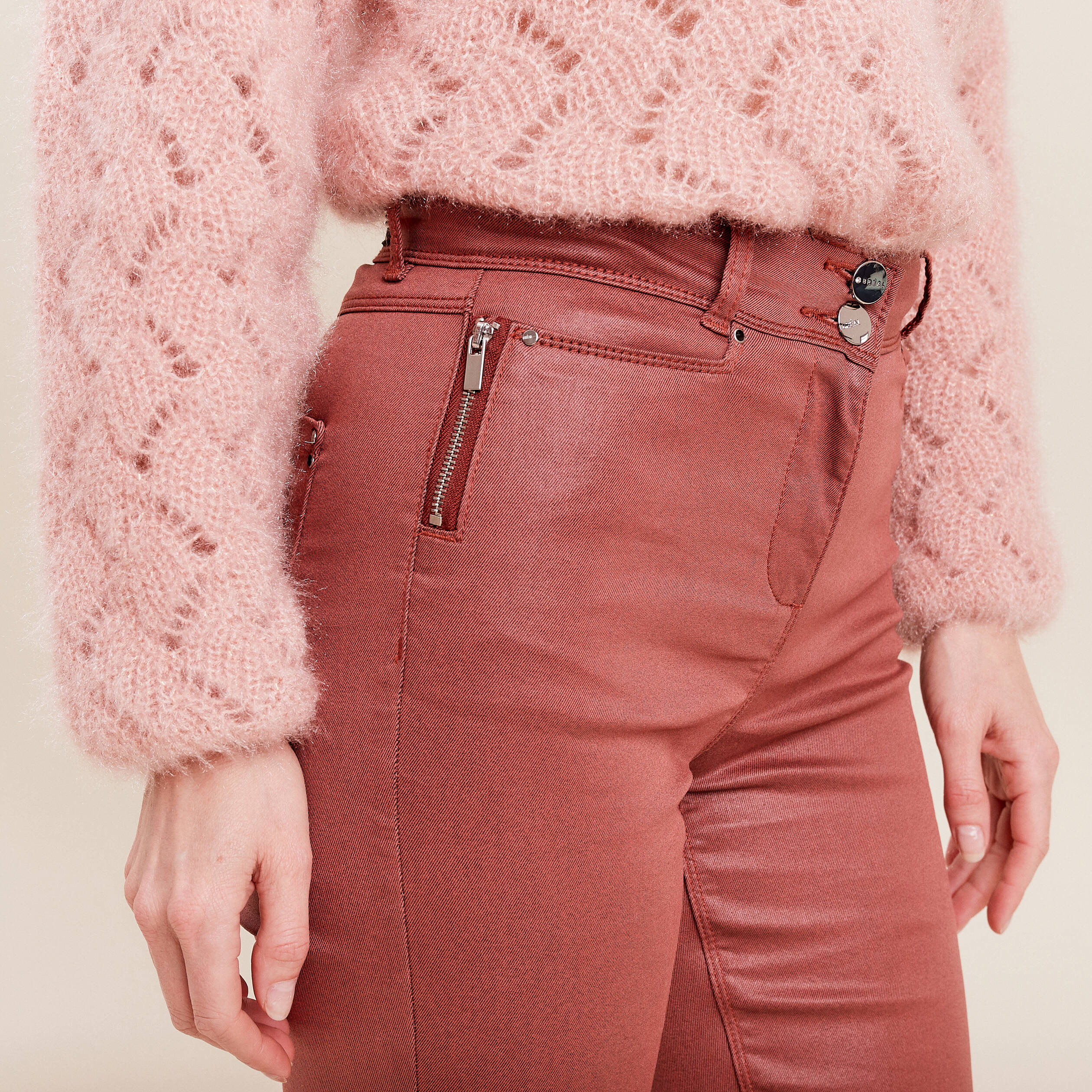 pantalon ajuste enduit marron cognac femme Pantalon ajusté enduit marron cognac femme