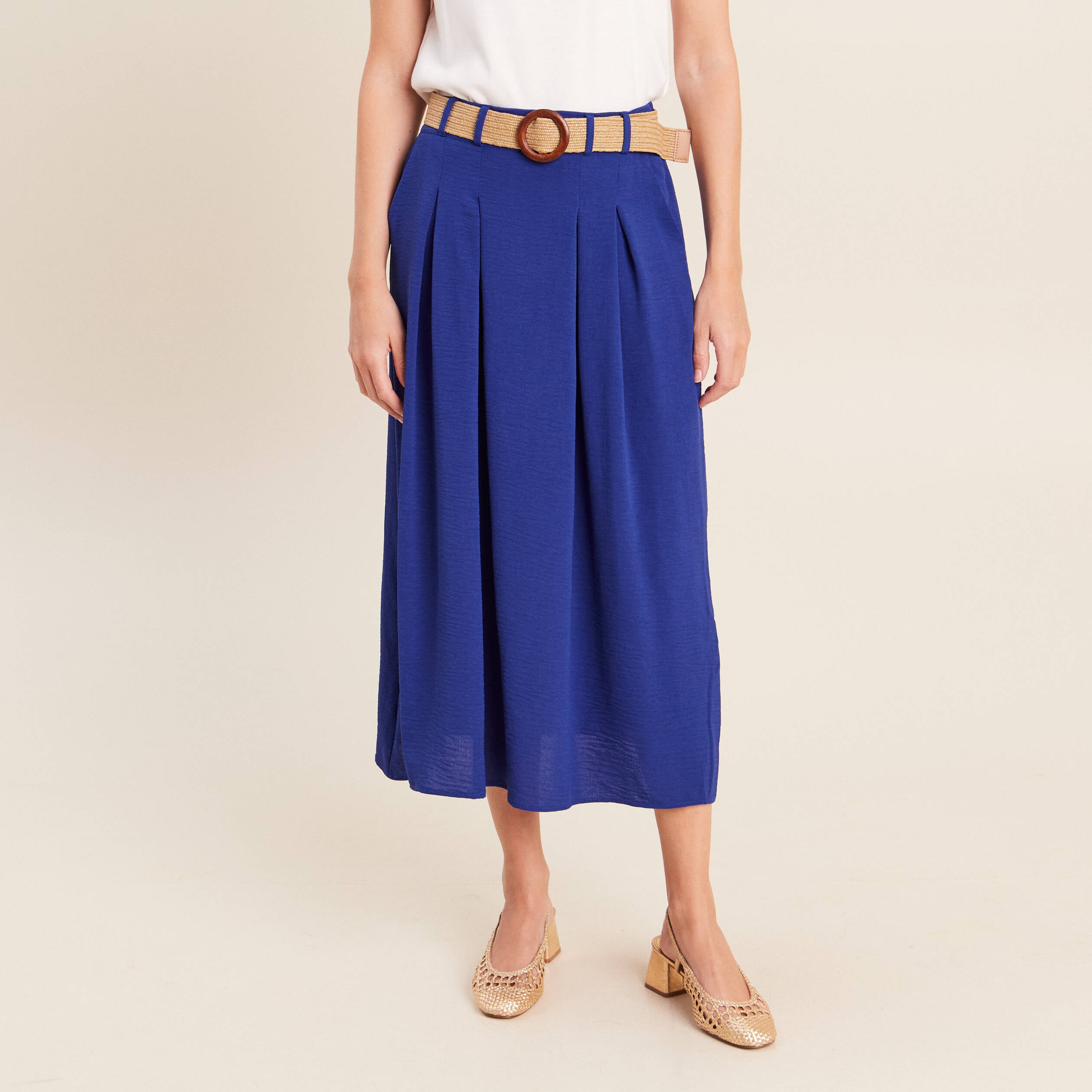 Jupe longue &eacute;vas&eacute;e ceintur&eacute;e bleu fonc&eacute; femme