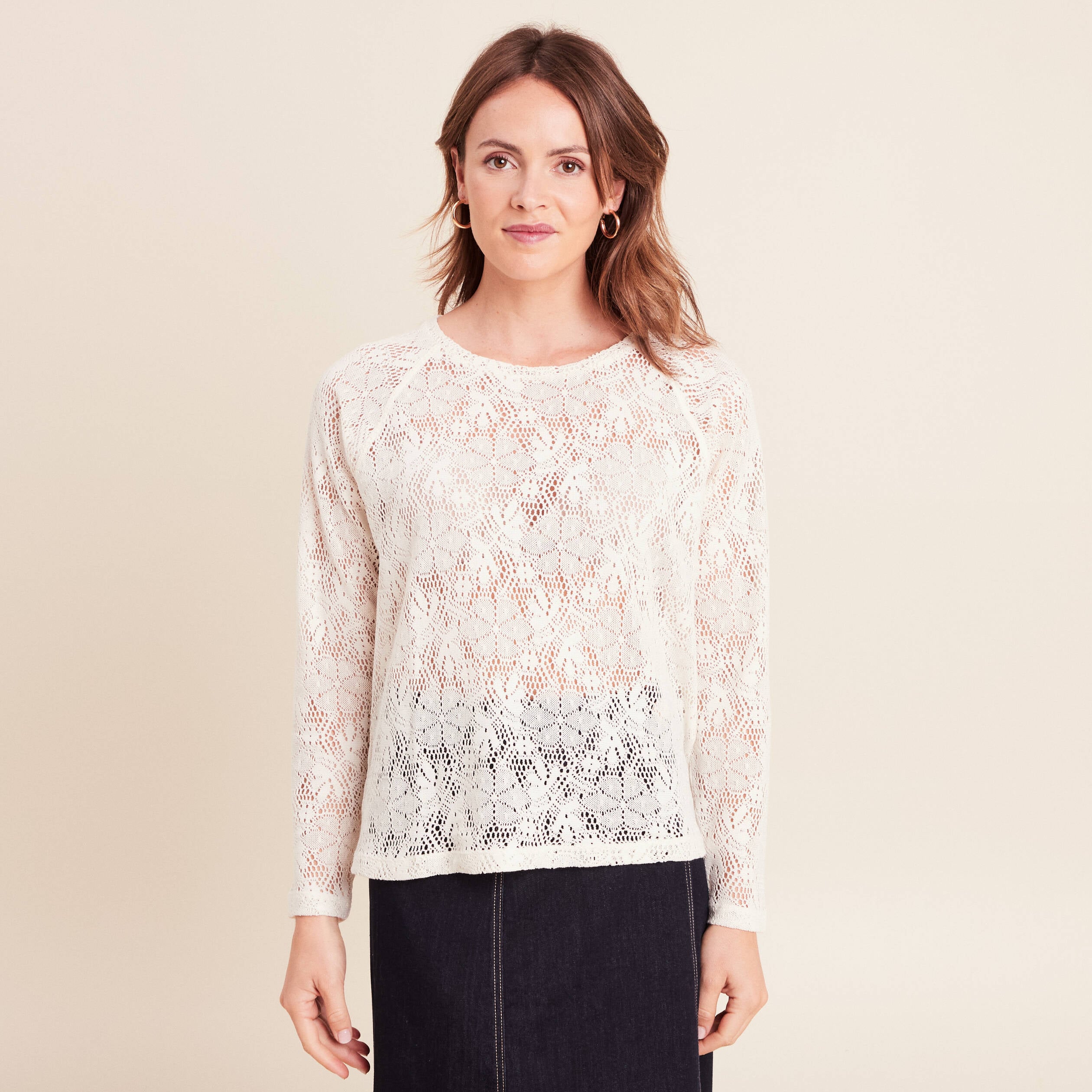 T-shirt manches longues aspect dentelle ecru femme