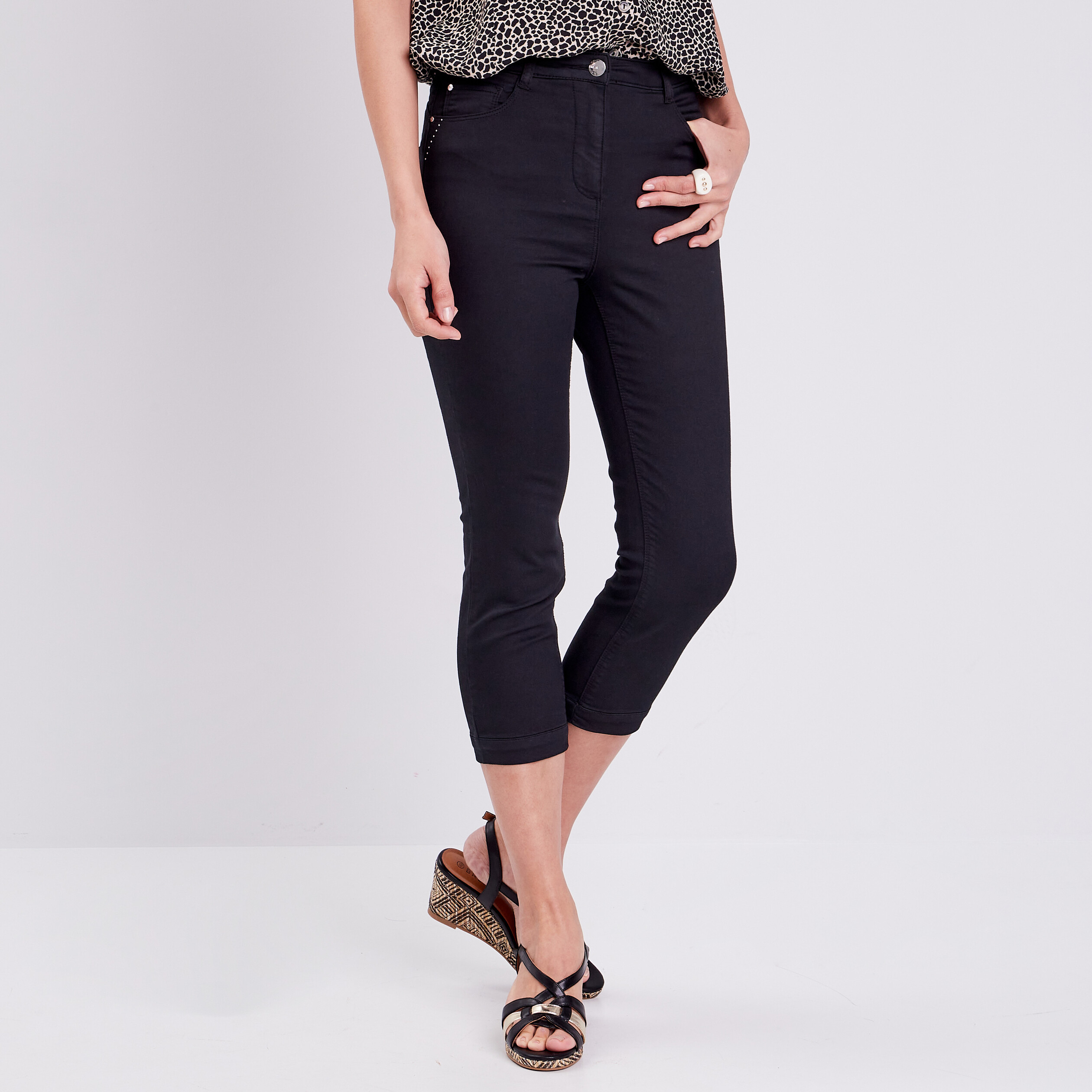 pantacourt droit taille haute noir femme Pantacourt droit taille haute noir femme