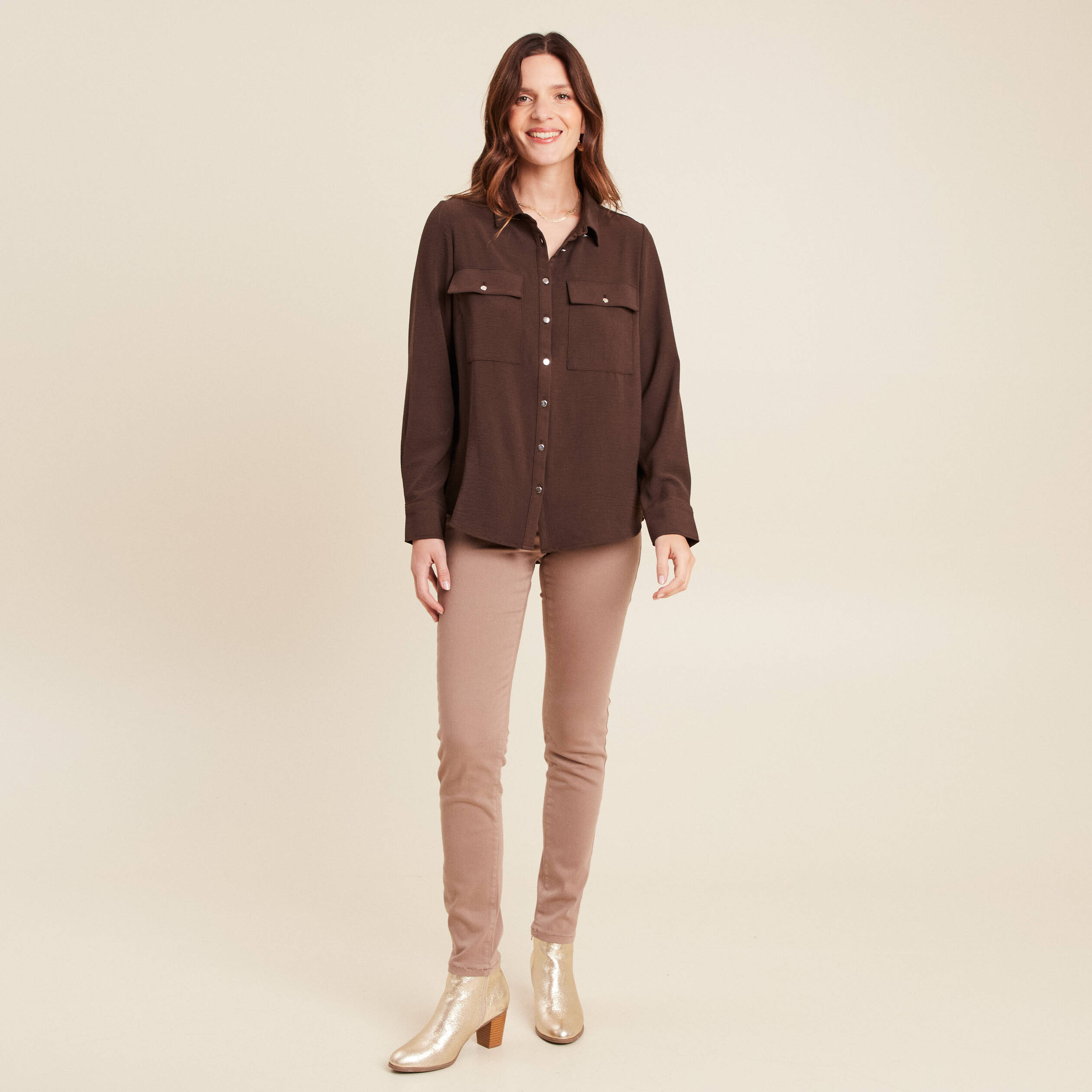 Chemise manches longues marron femme