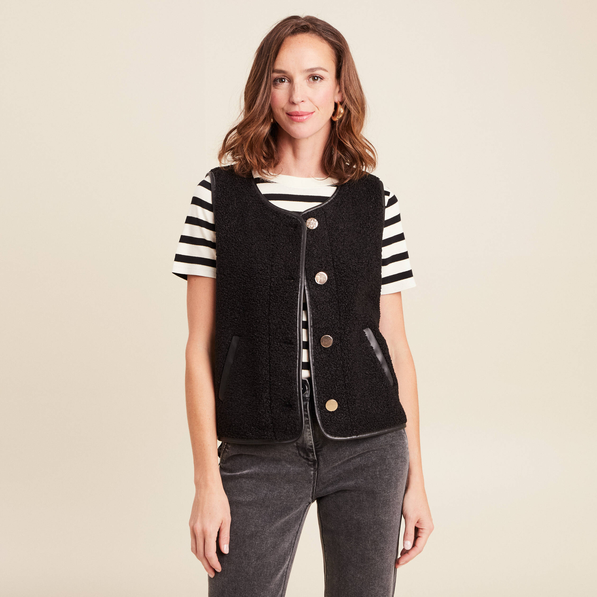 gilet sans manches sans col noir femme Gilet sans manches sans col noir femme