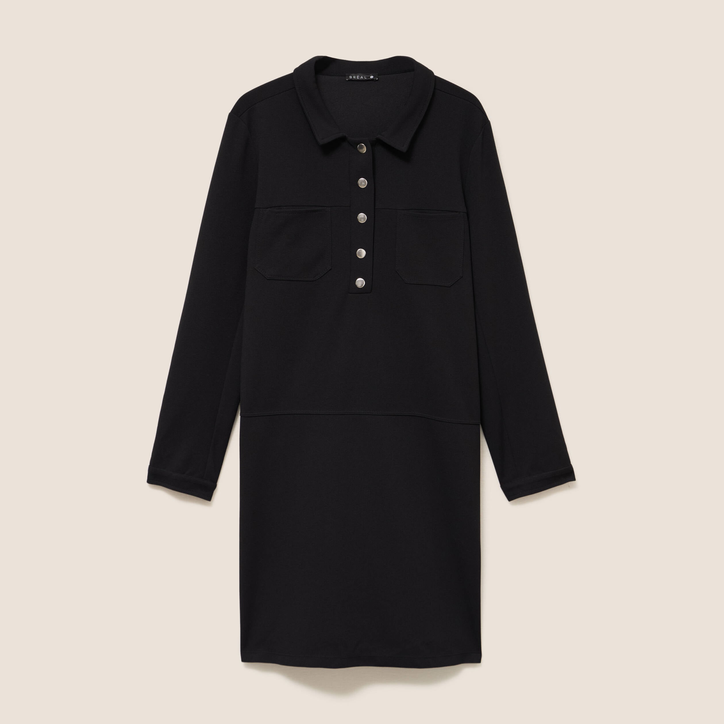 Robe droite courte en maille col chemise noir femme