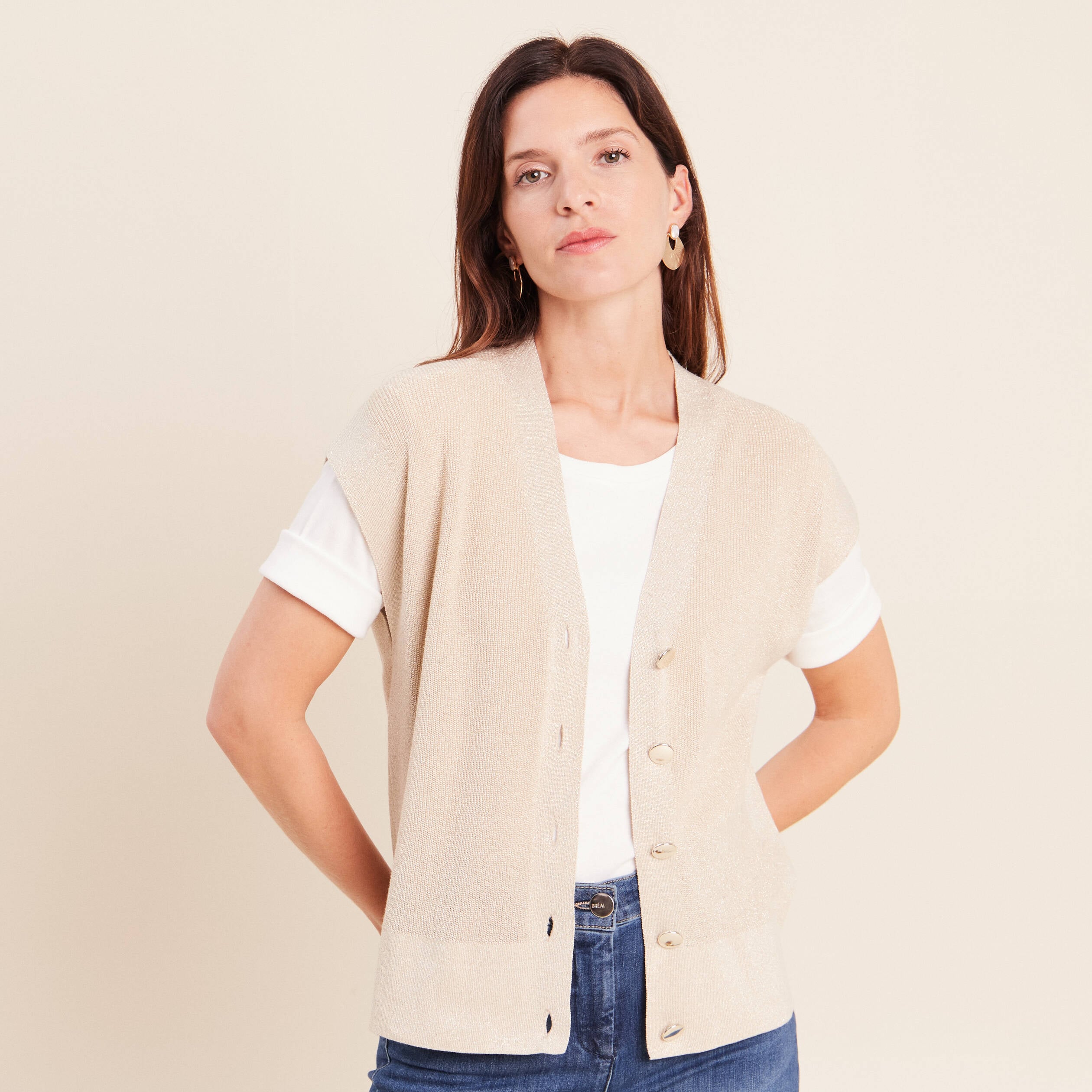 Gilet col v couleur or femme