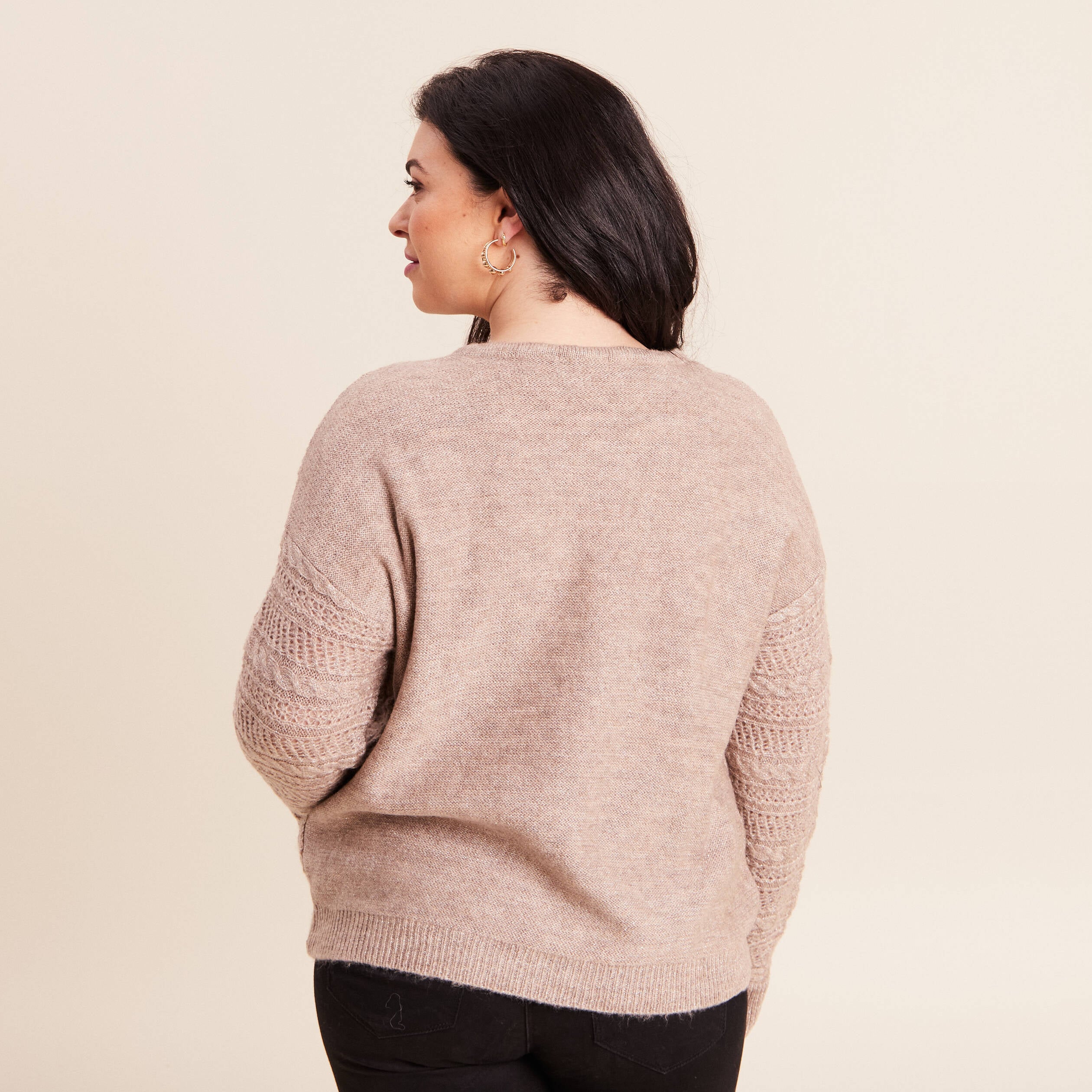 Pull col V manches longues taupe femme