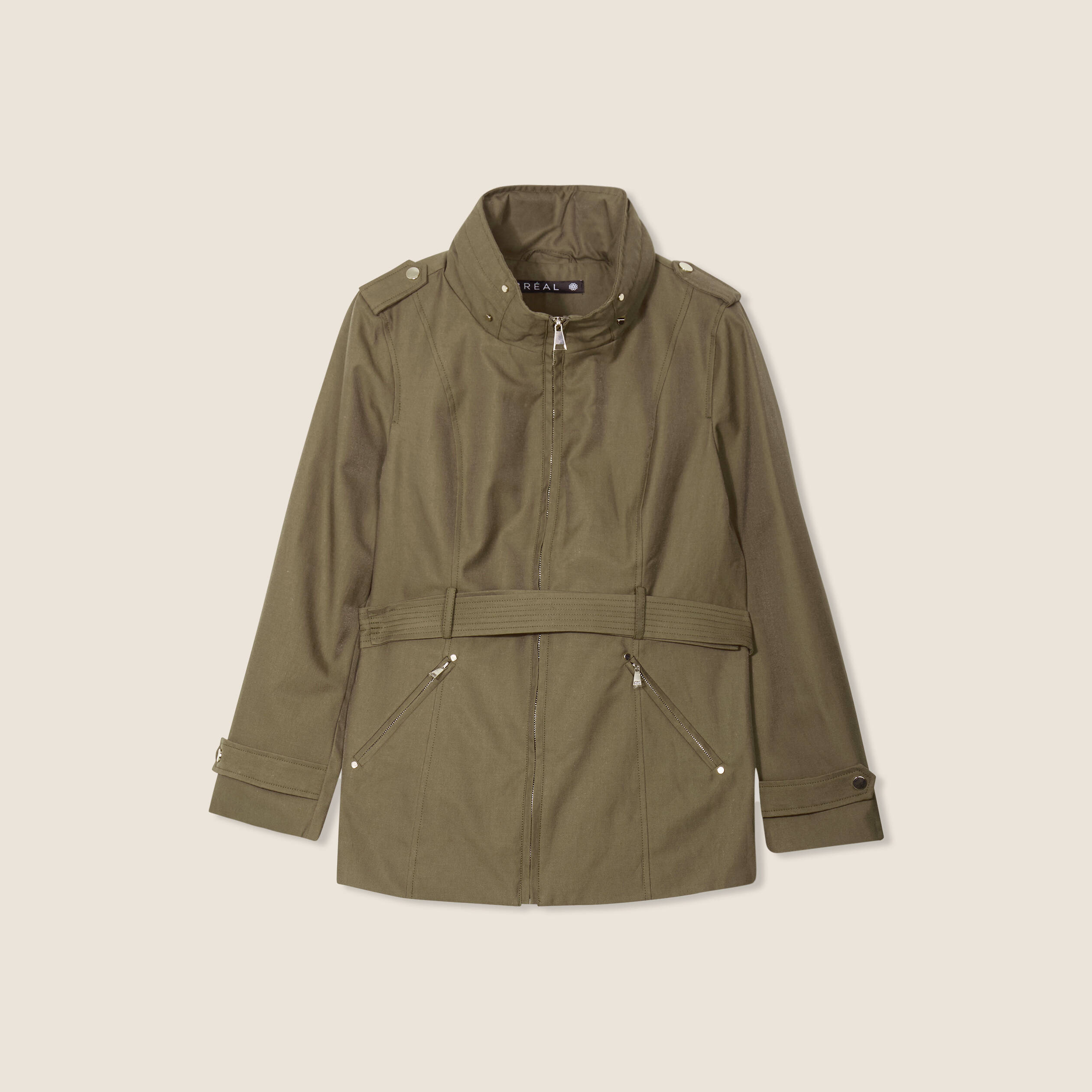 Parka droite ceinturée vert olive femme
