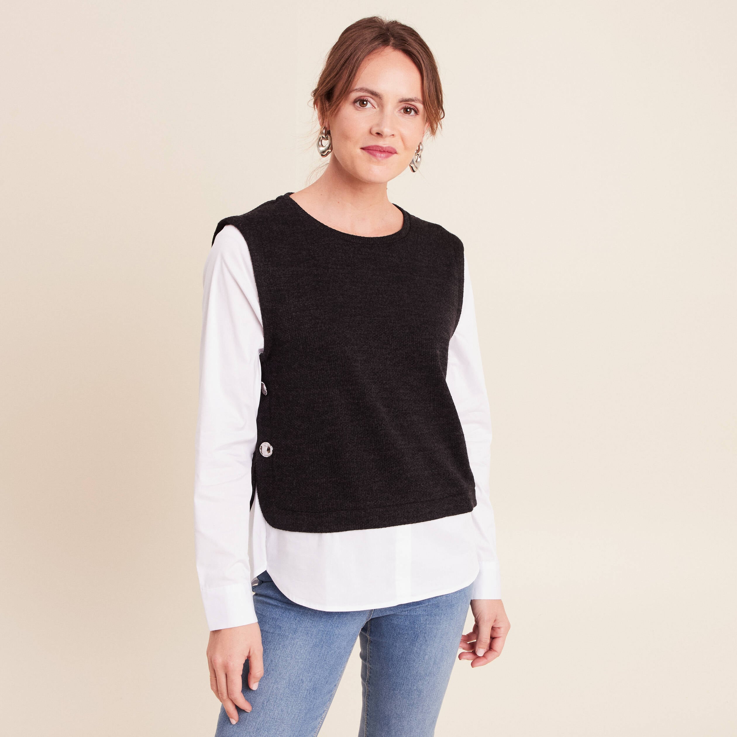 T-shirt 2 en 1 col rond manches longues noir femme