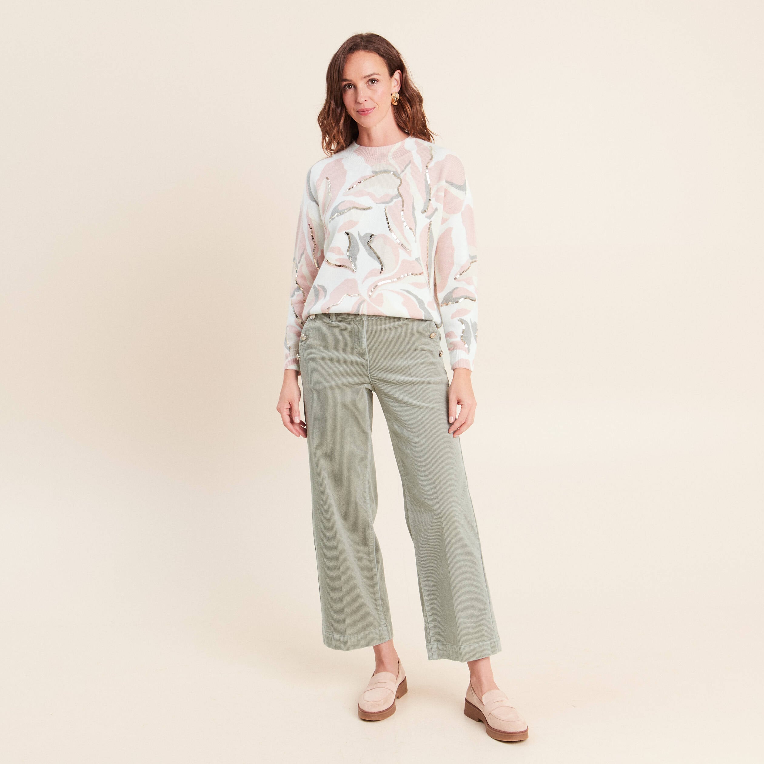 Pull col rond &agrave; sequins rose femme