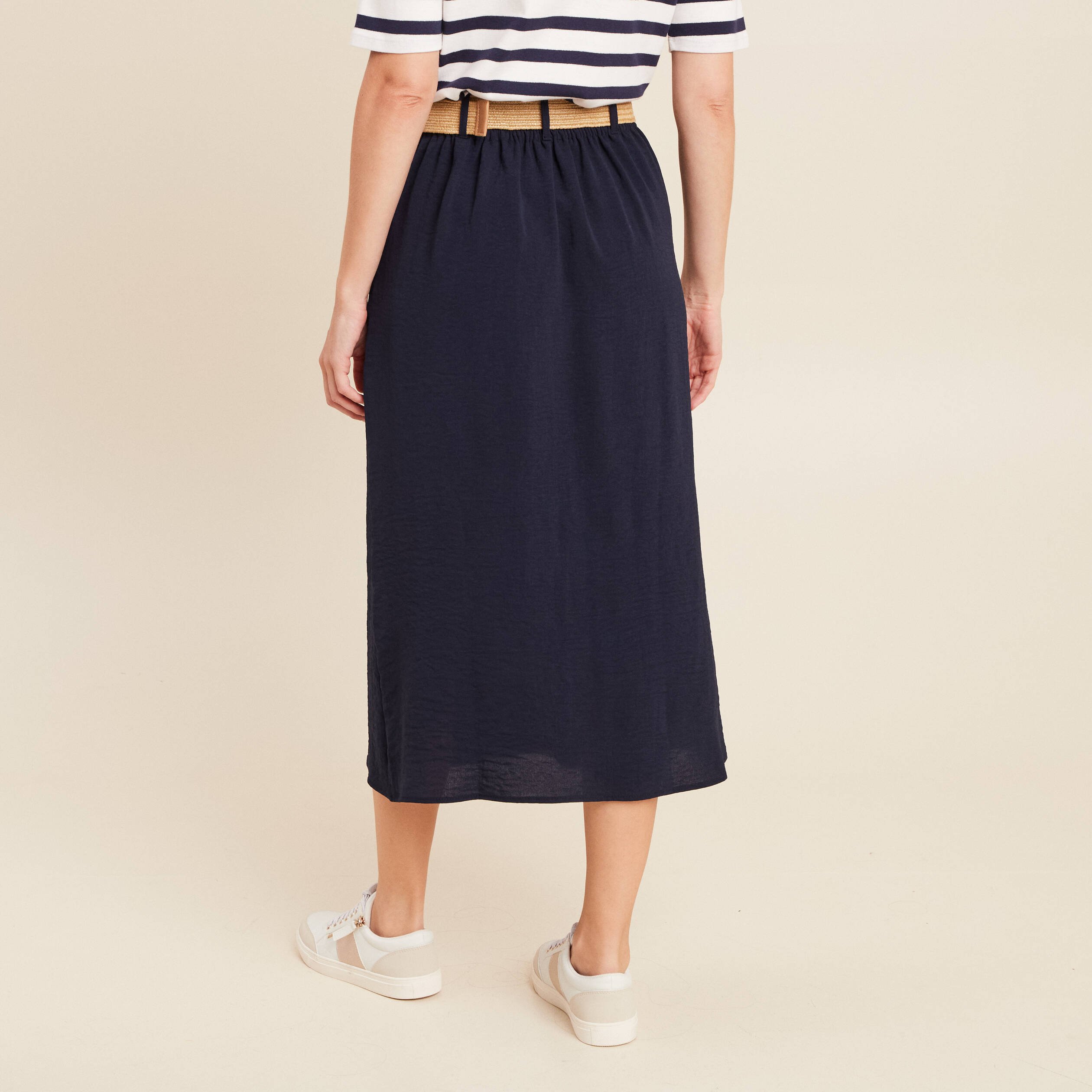 Jupe longue évasée ceinturée bleu foncé femme