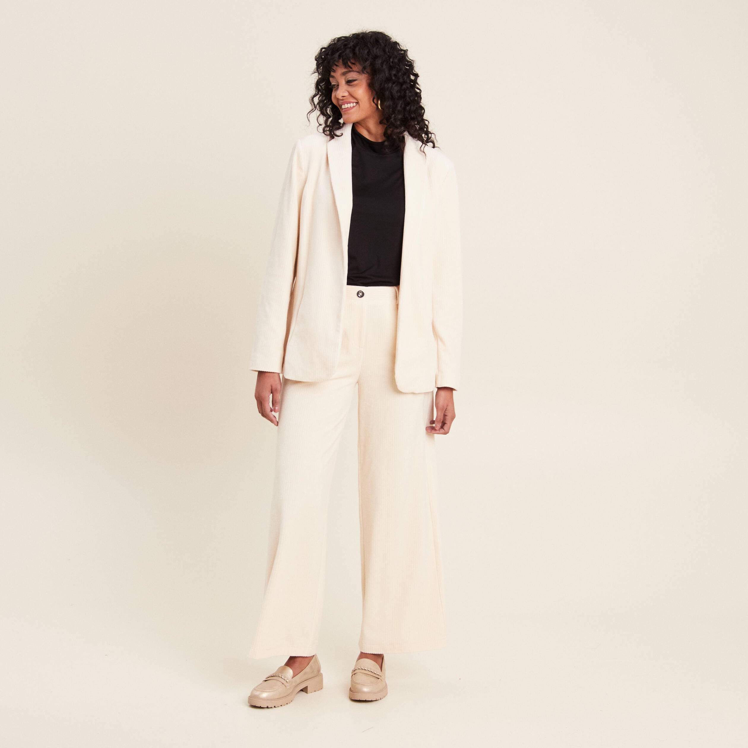 Pantalon large velours ivoire femme