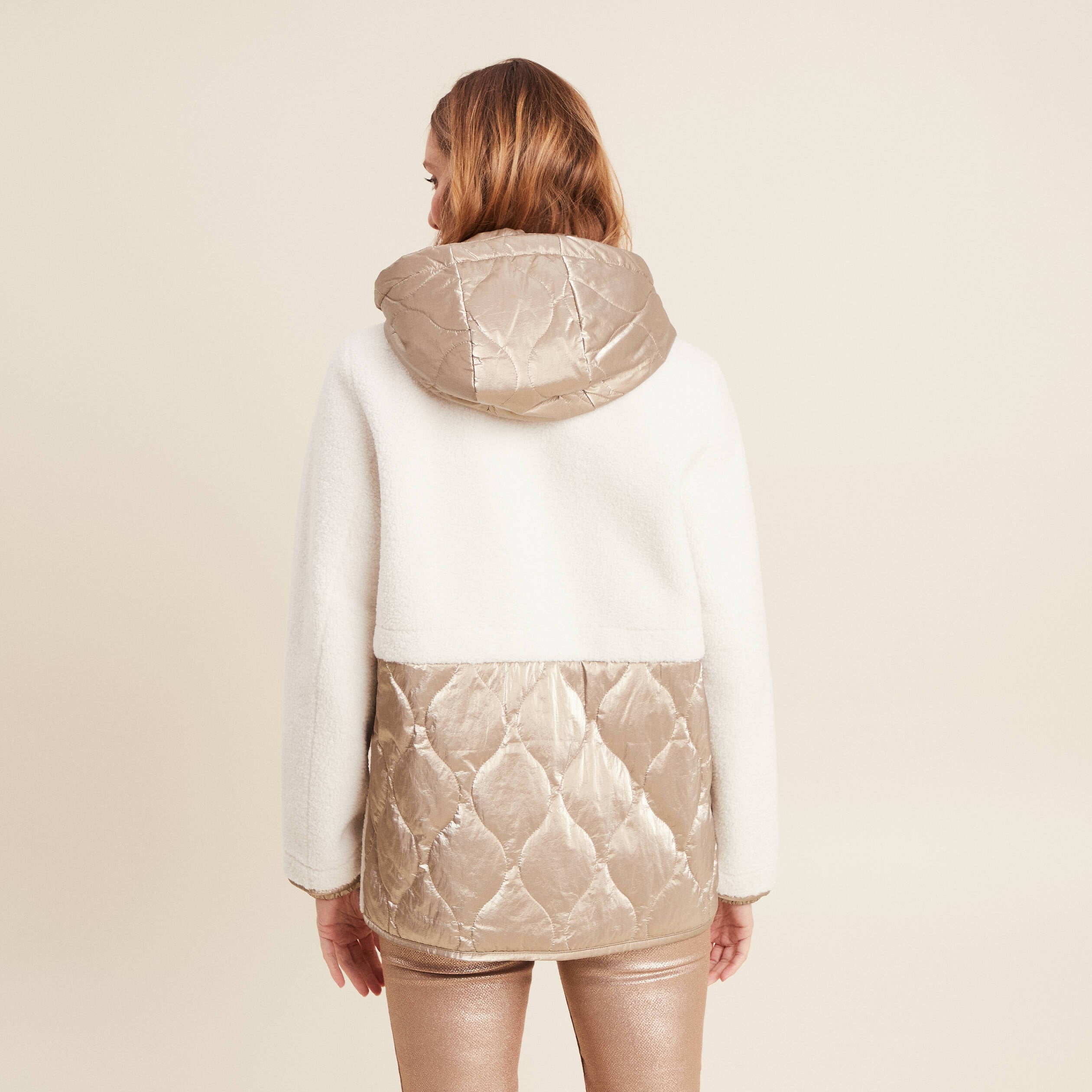 Manteau effet laine mouton &agrave; capuche ecru femme