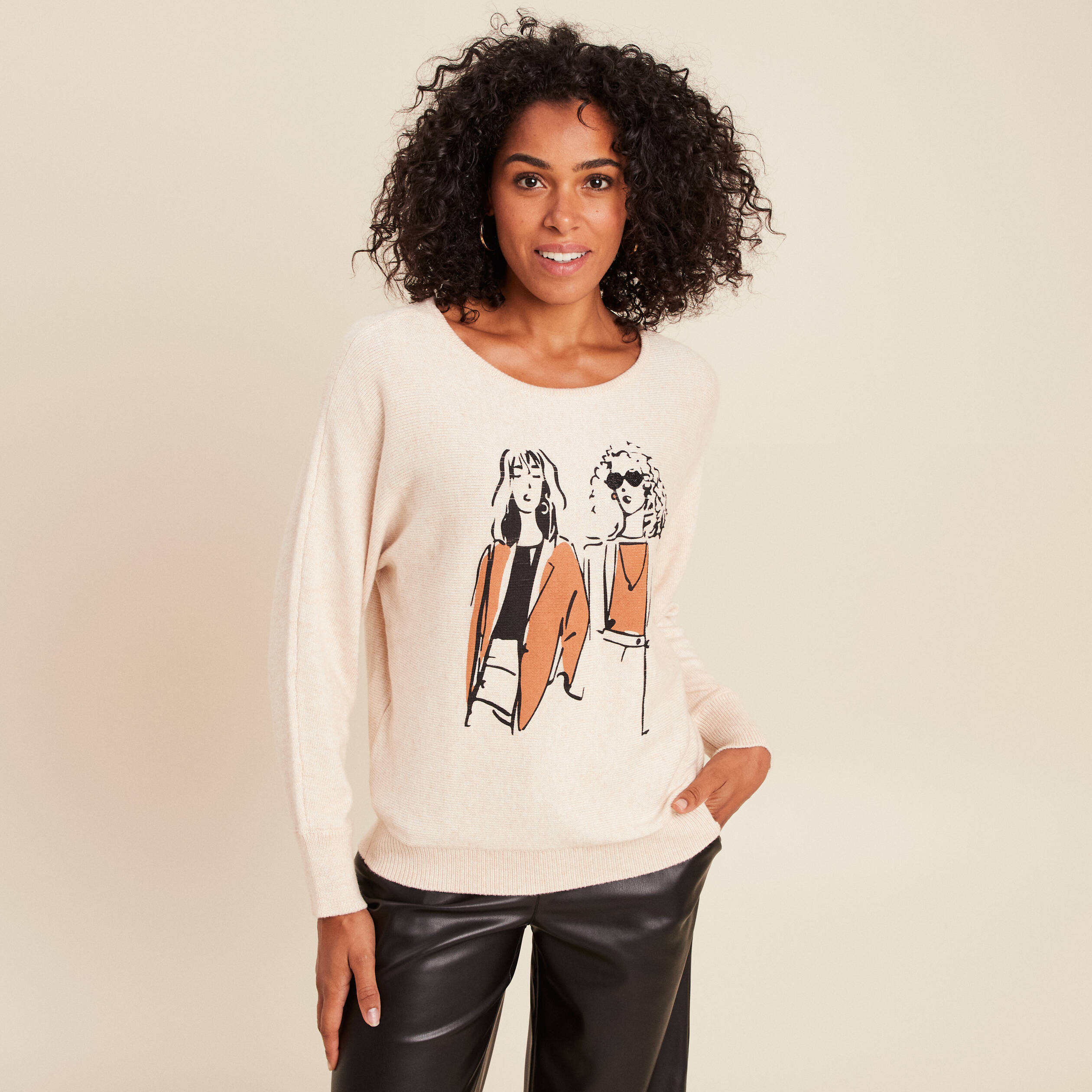Pull col rond manches longues creme femme