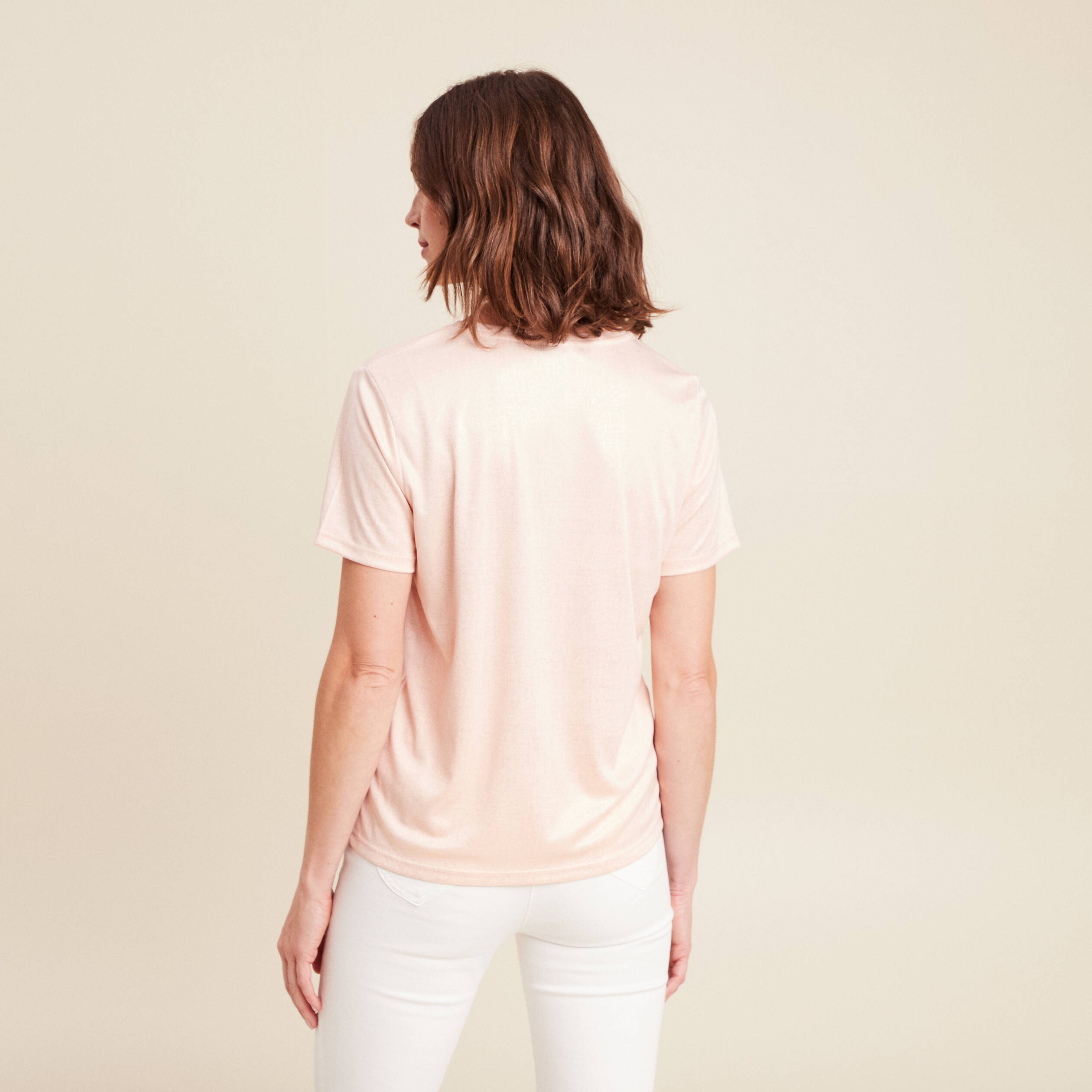 t-shirt droit court satiné col rond vieux rose femme