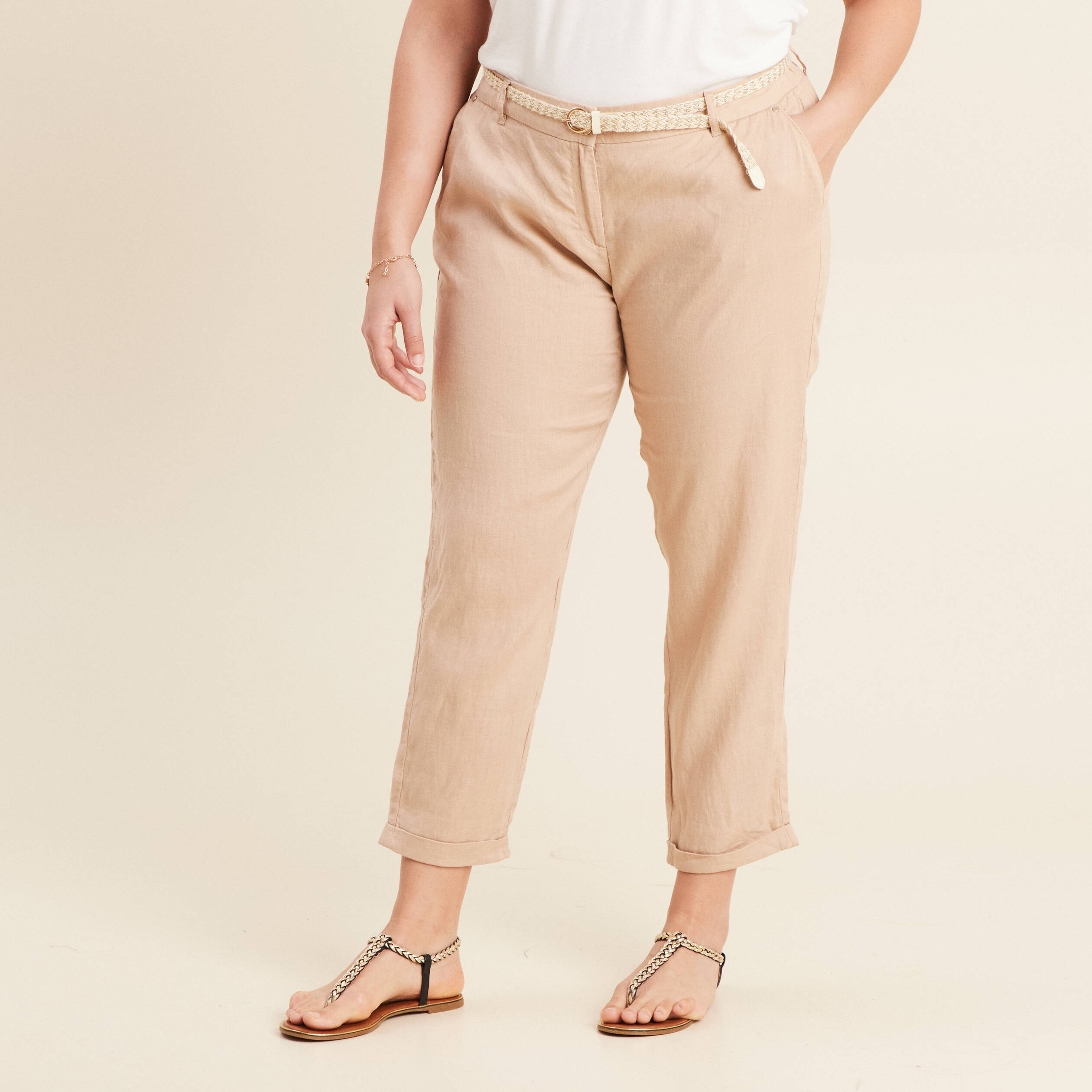 pantalon flou ceinture sable femme Pantalon flou ceinturé sable femme
